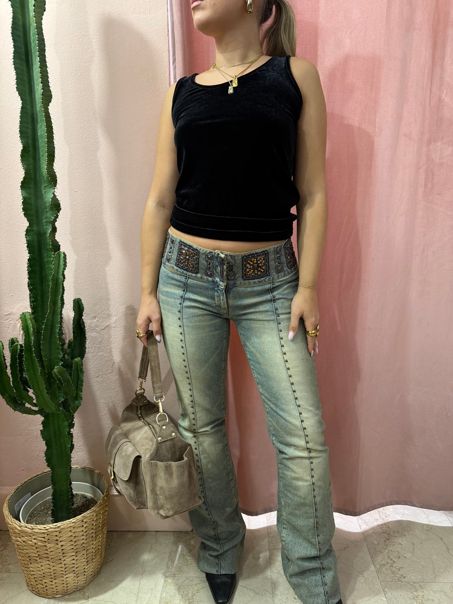 Jeans y2k vita bassa con ricami