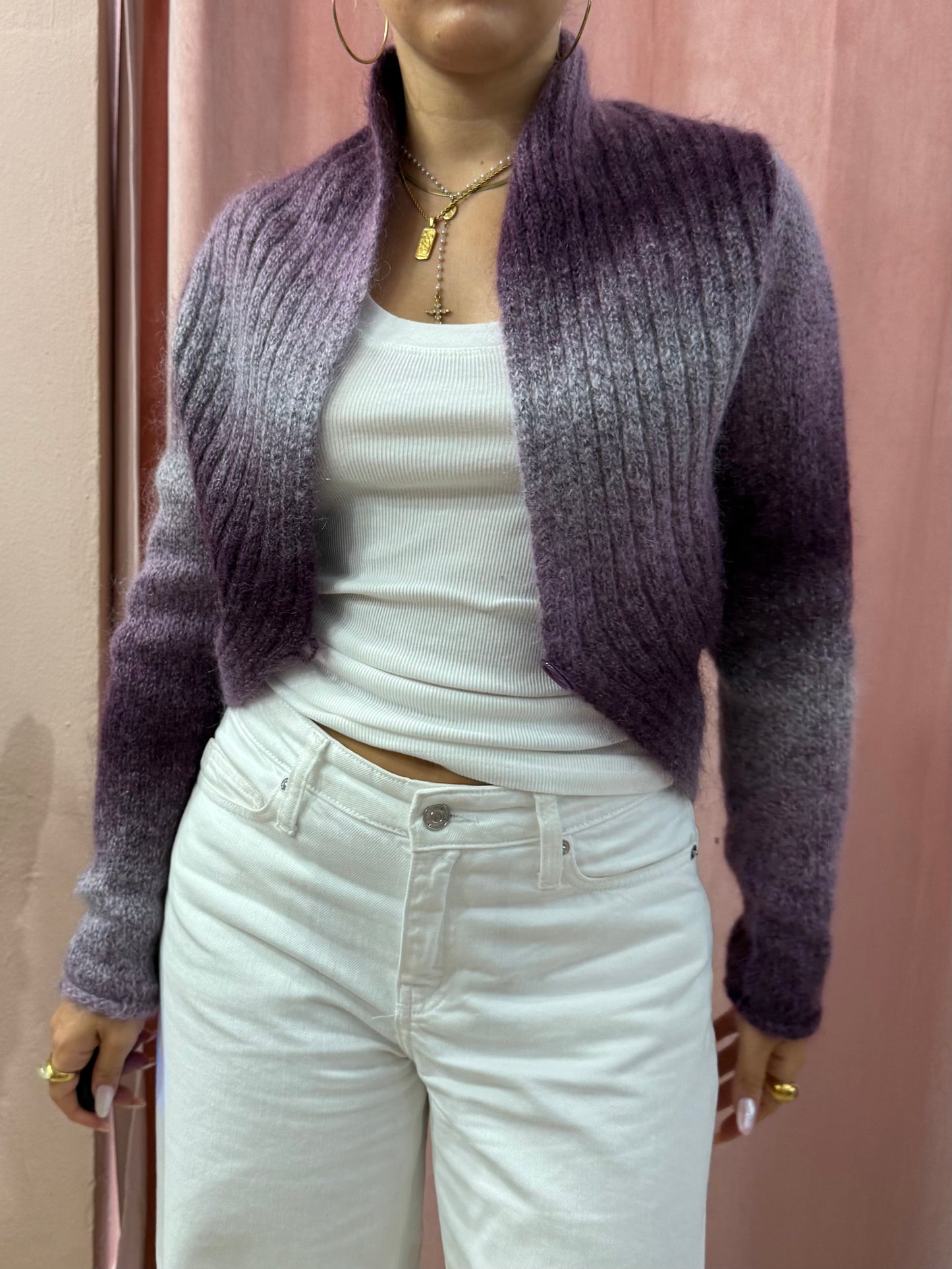 Cardigan viola sfumato lavorato a maglia