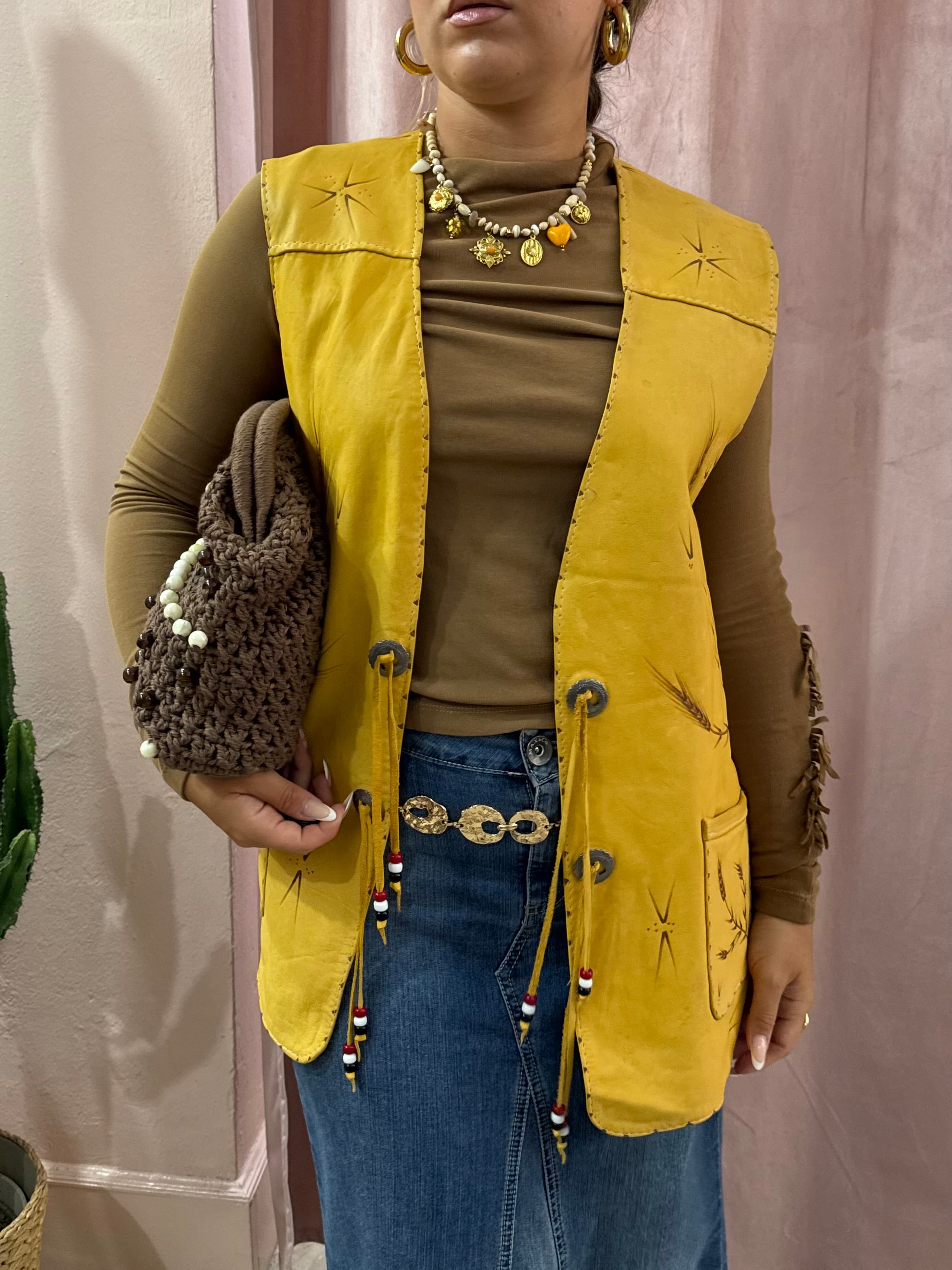 Gilet in vera pelle con fantasia spighe di grano