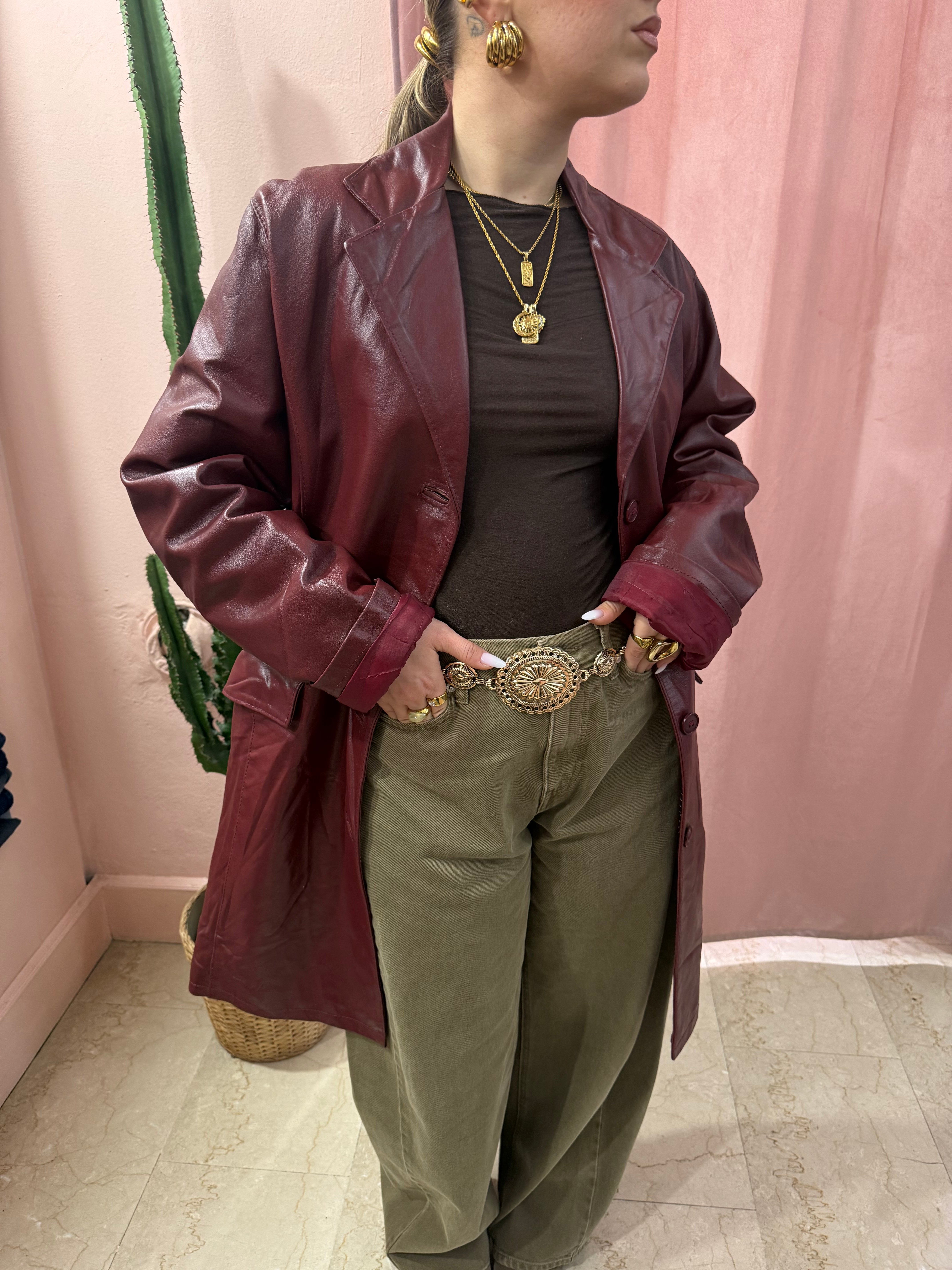 Giacca lunga in pelle bordeaux