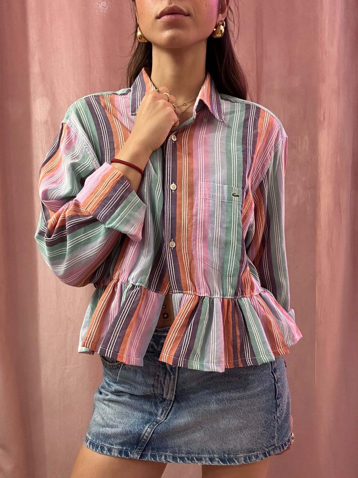 Camicia Lacoste upcycling multicolor a righe volant