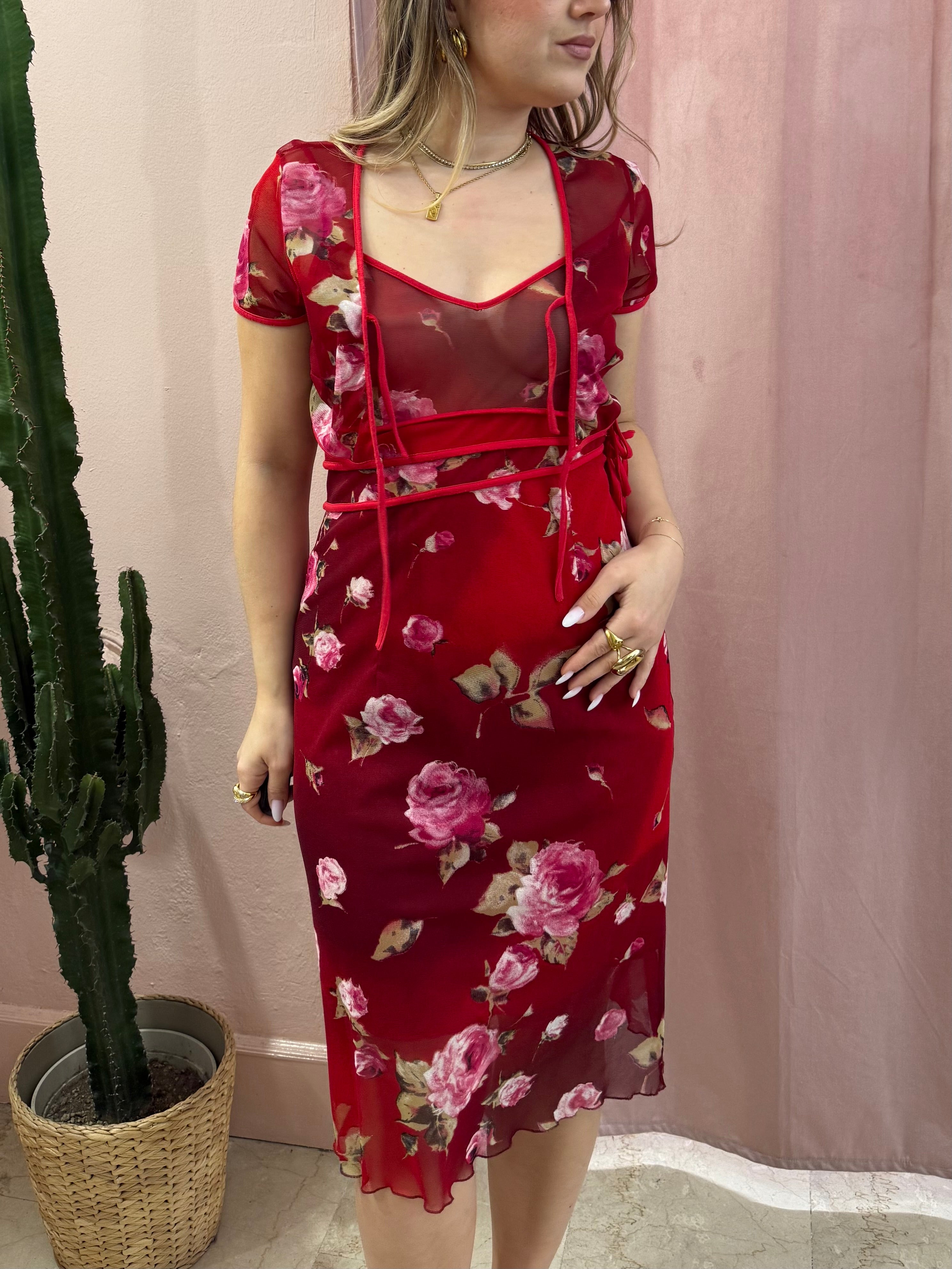 Set vestito + cardigan rosso fantasia rose