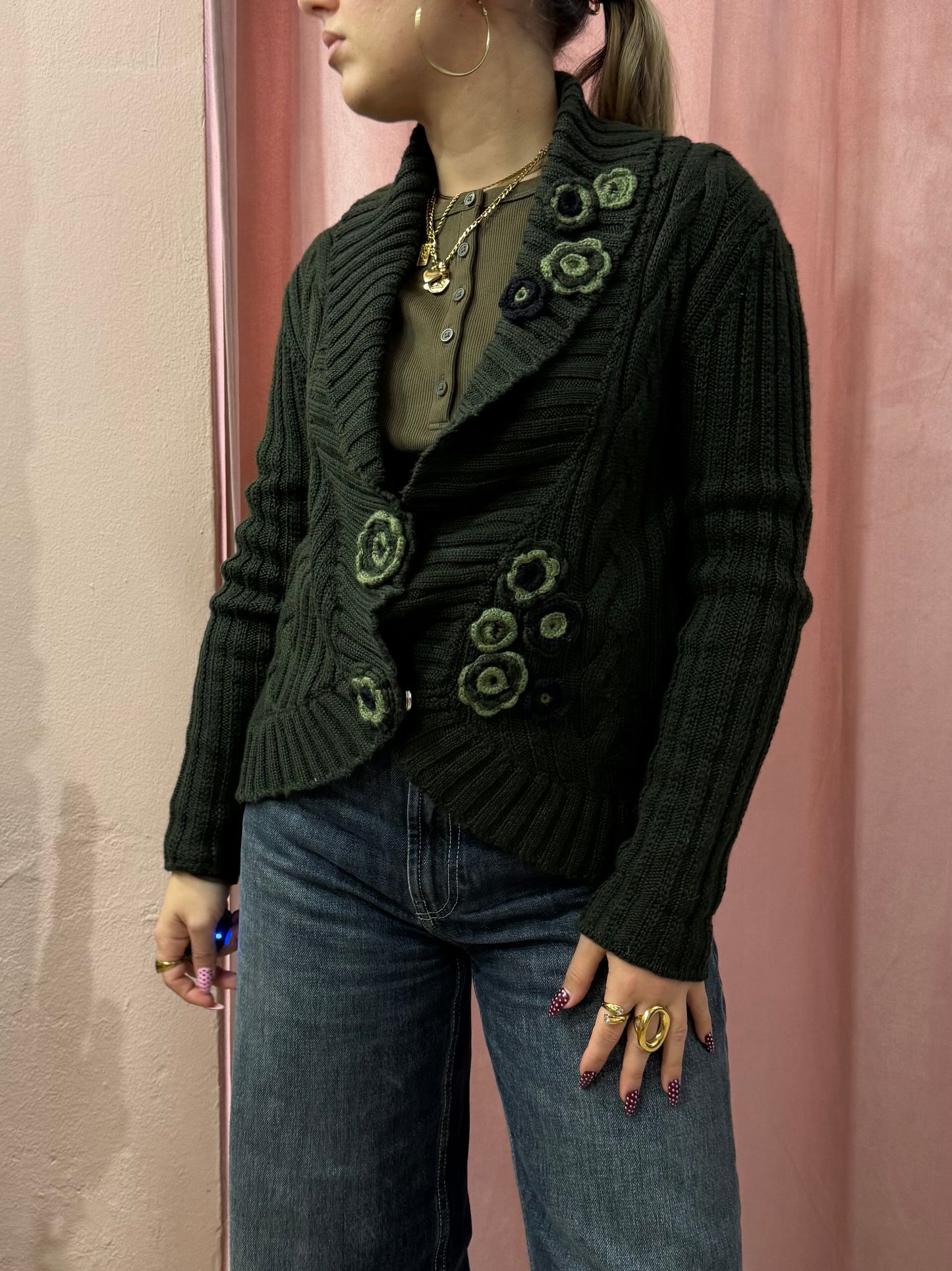 Cardigan verde 00s applicazioni fiori