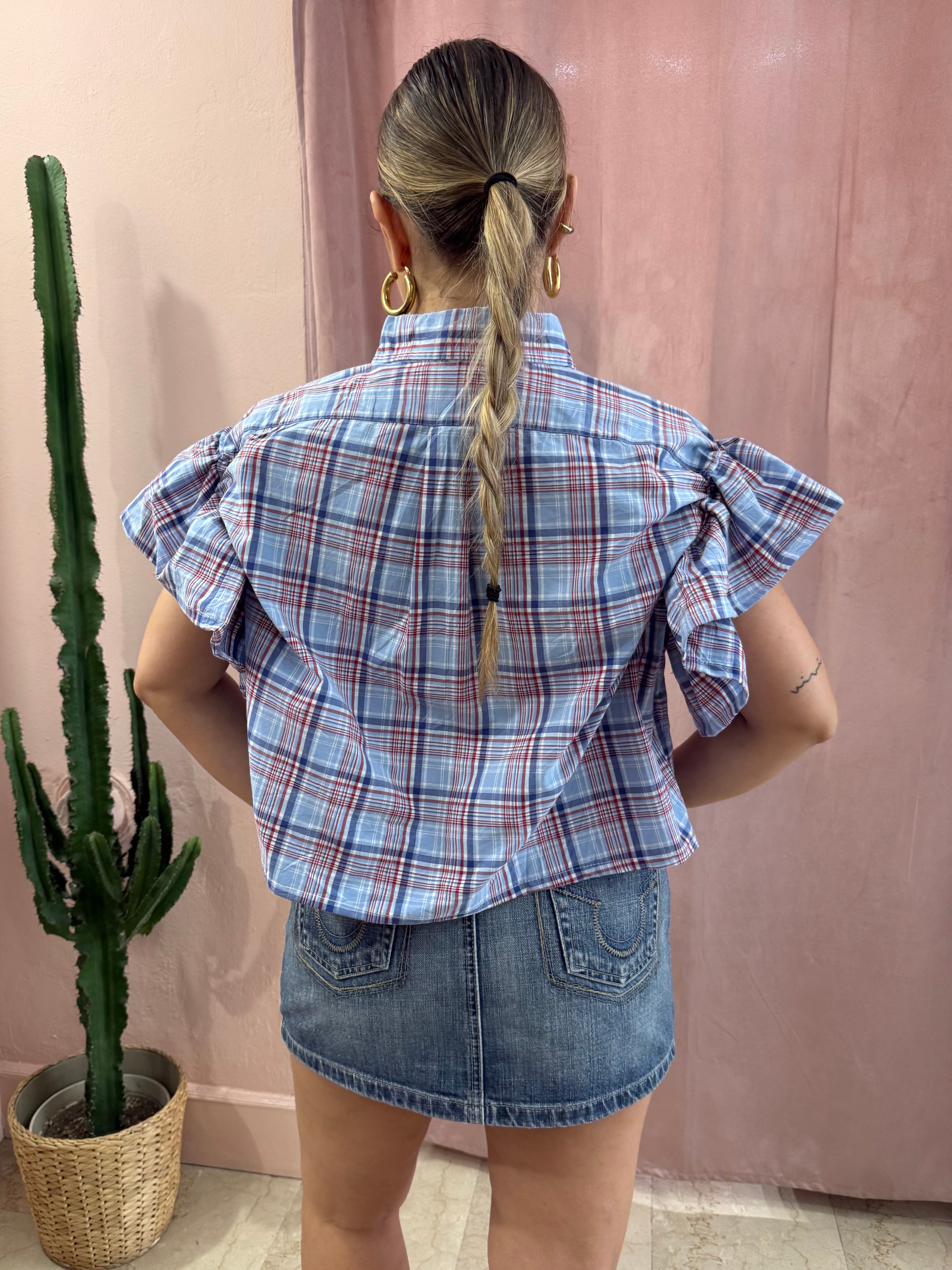 Camicia Ralph Lauren upcycling volant quadri azzurra