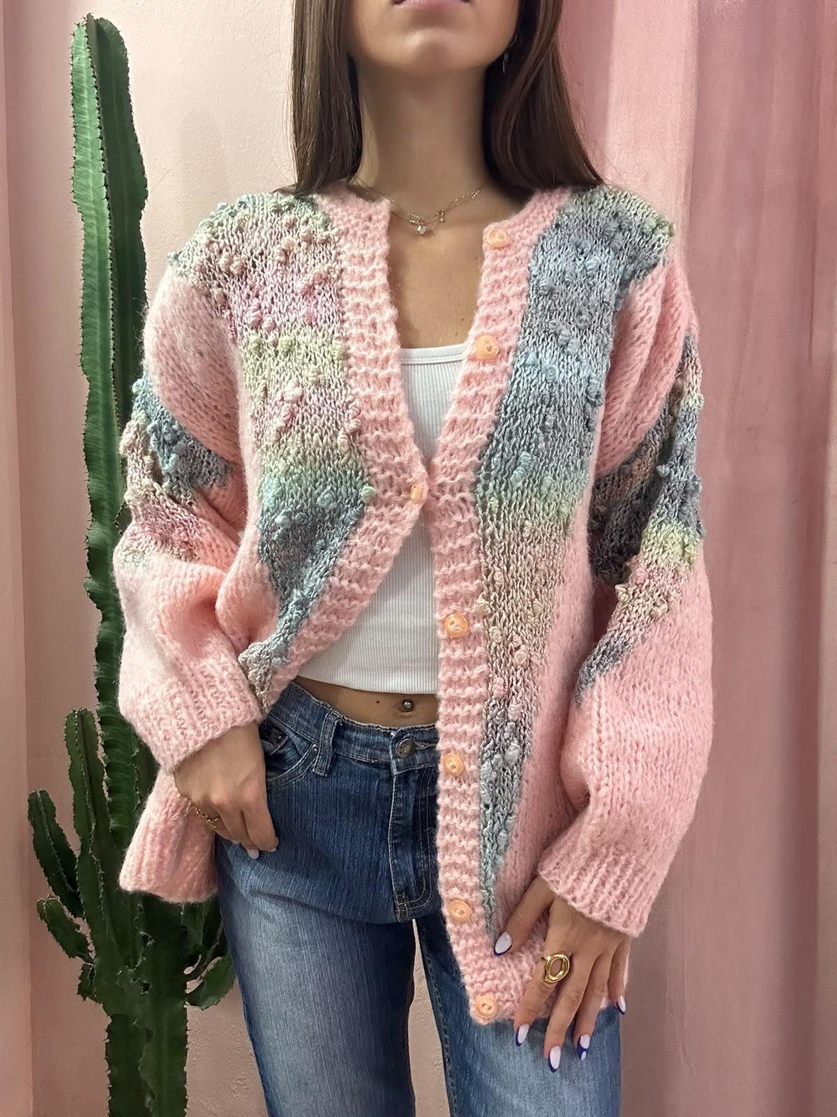 Maxi Cardigan rosa con motivo in maglia di lana