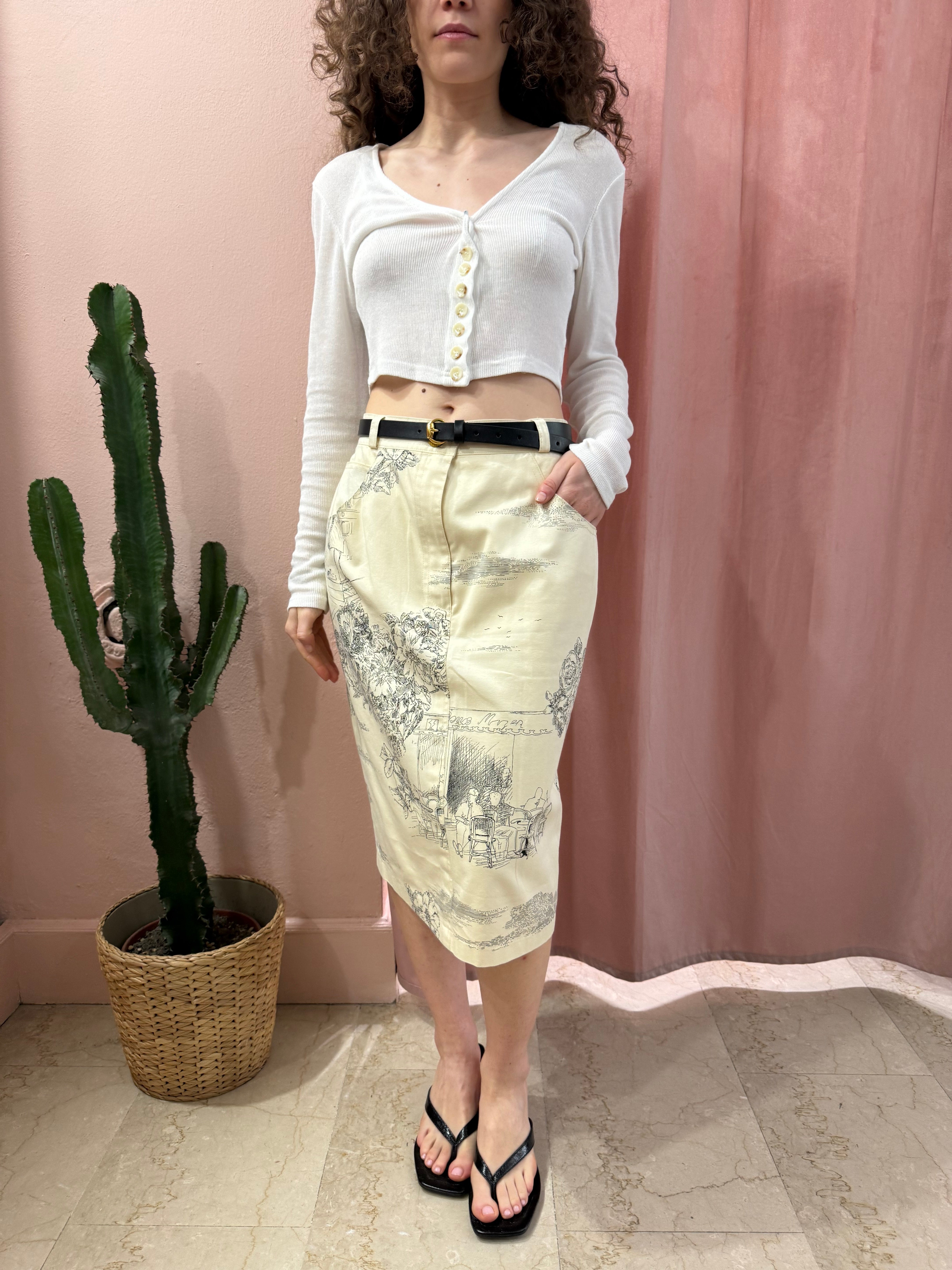 Gonna vintage midi con fantasia disegnata