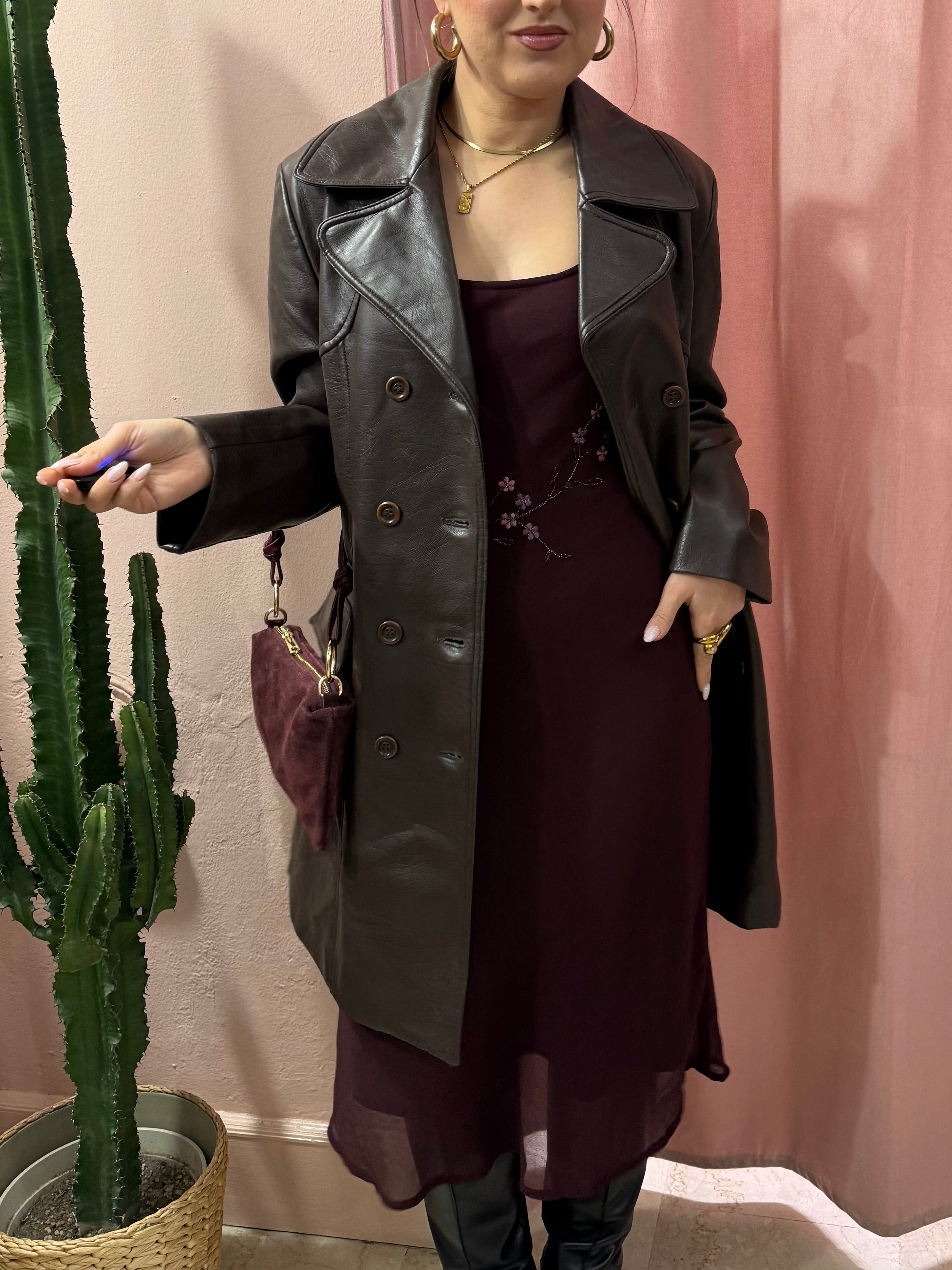 Trench vintage in vera pelle cioccolato