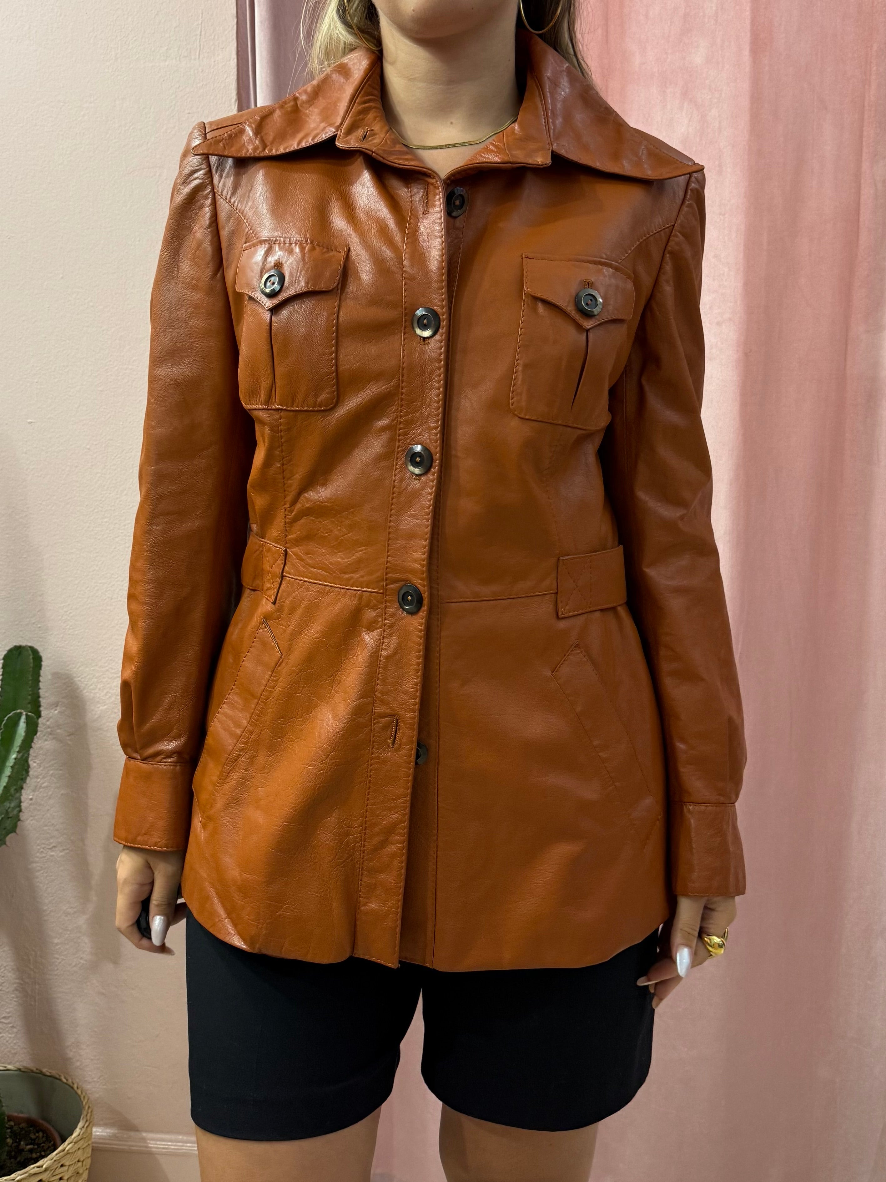 Giacca lunga in pelle mattone