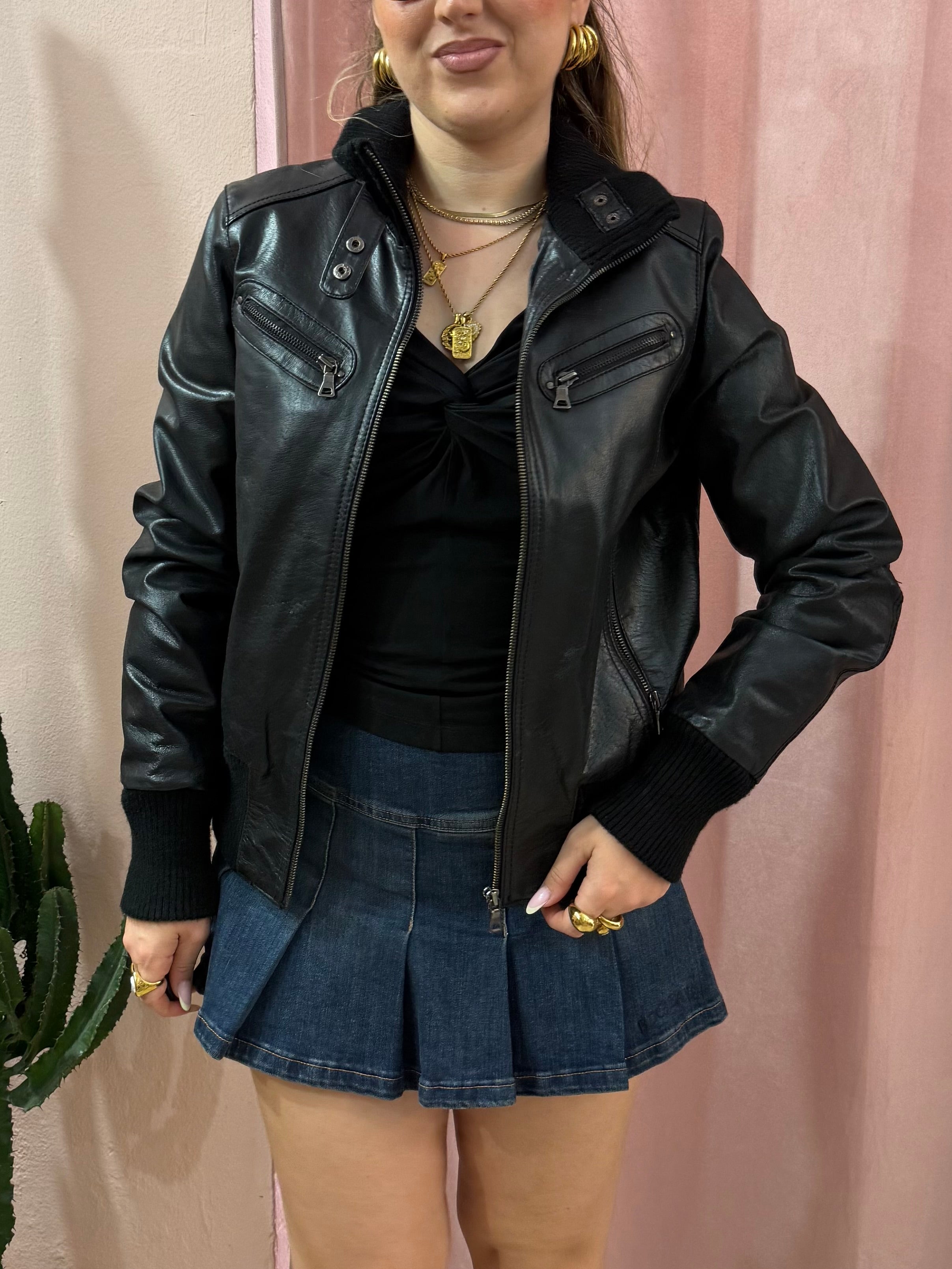 Bomber in pelle nero strutturato