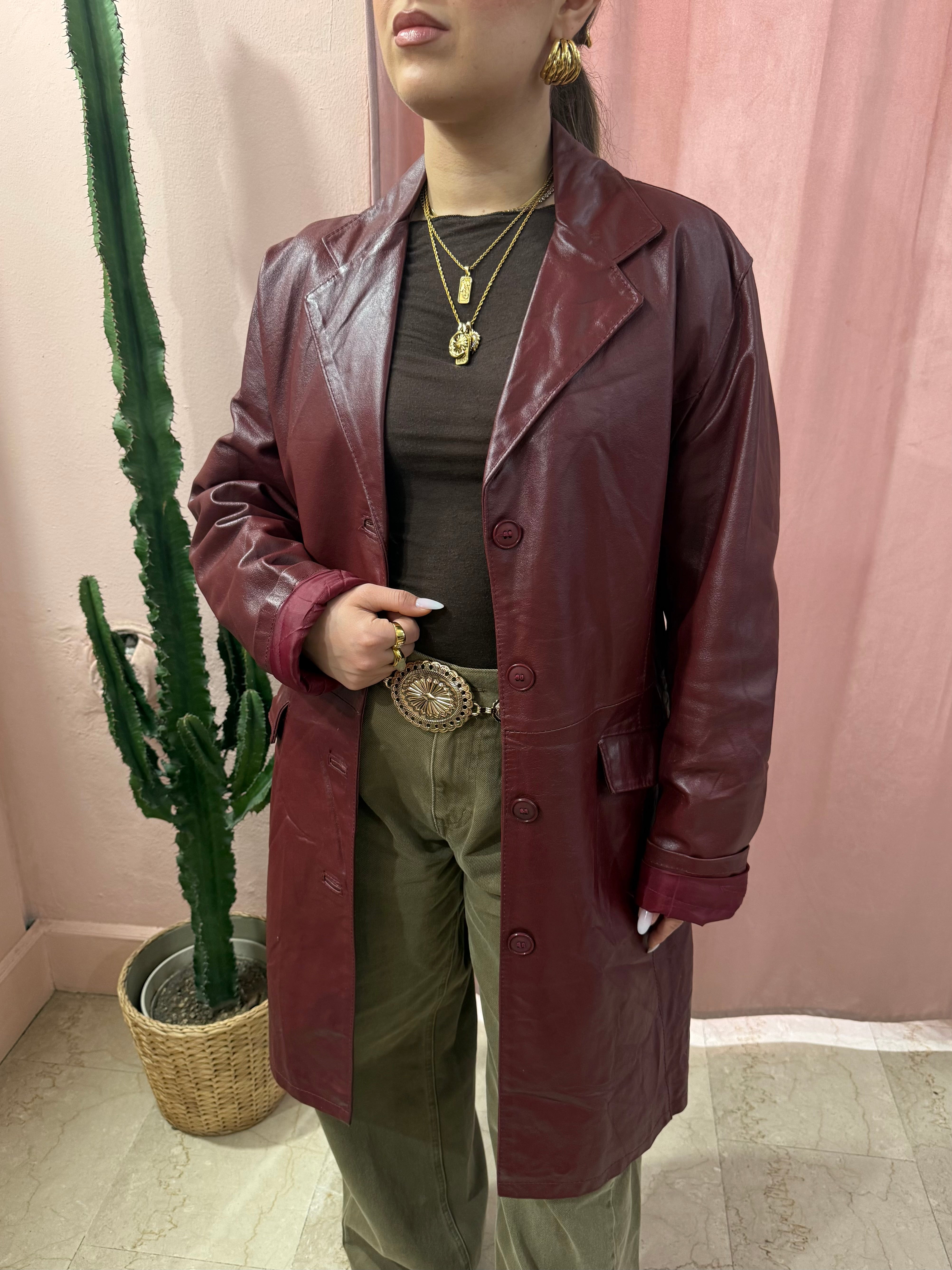 Giacca lunga in pelle bordeaux