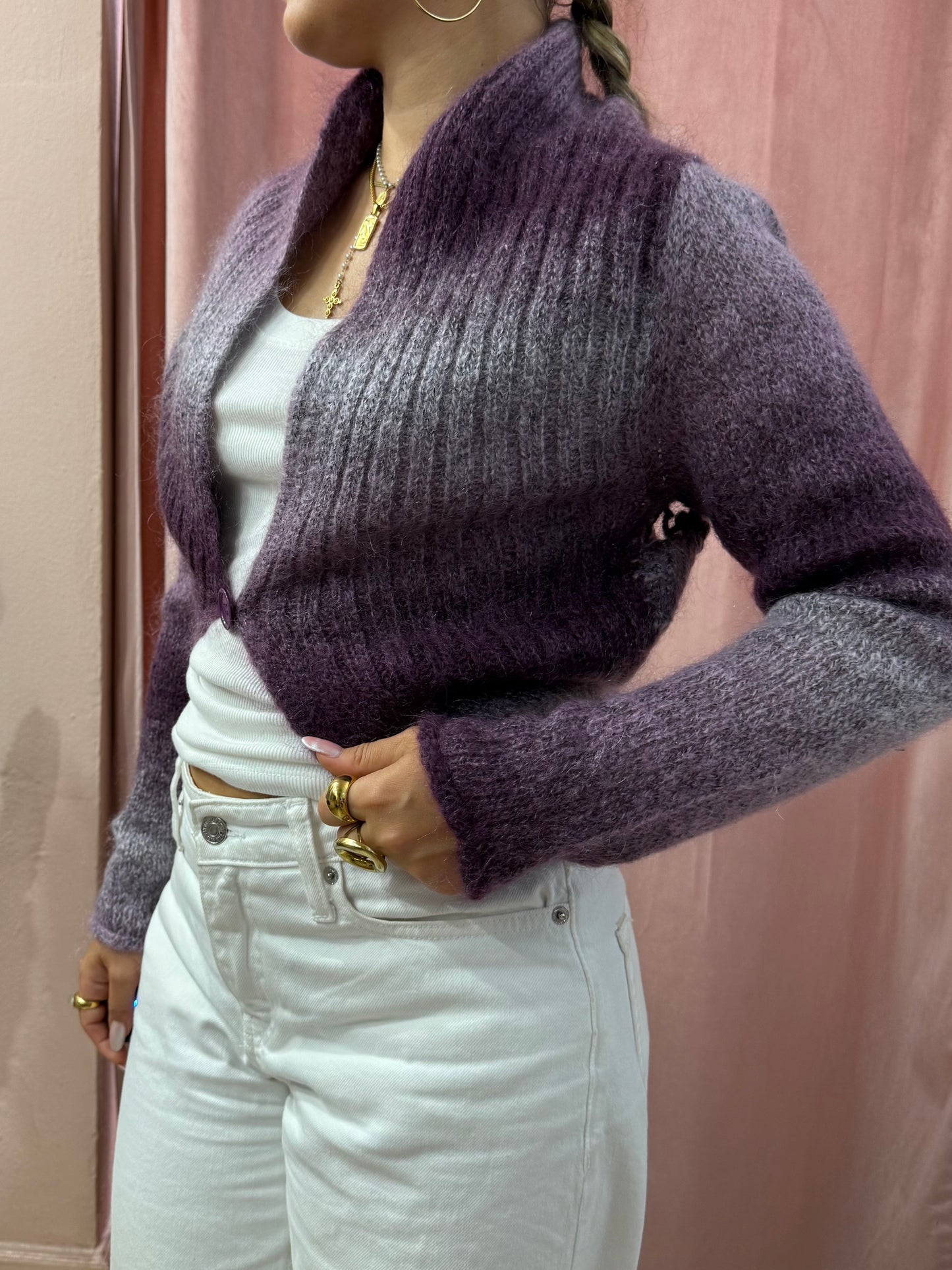 Cardigan viola sfumato lavorato a maglia