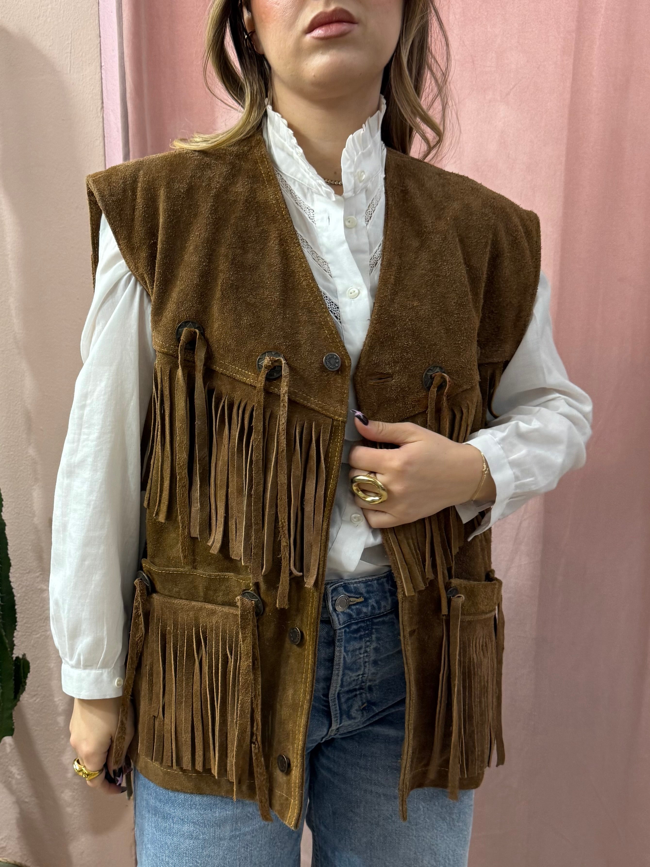 Smanicato in vera pelle scamosciato con frange