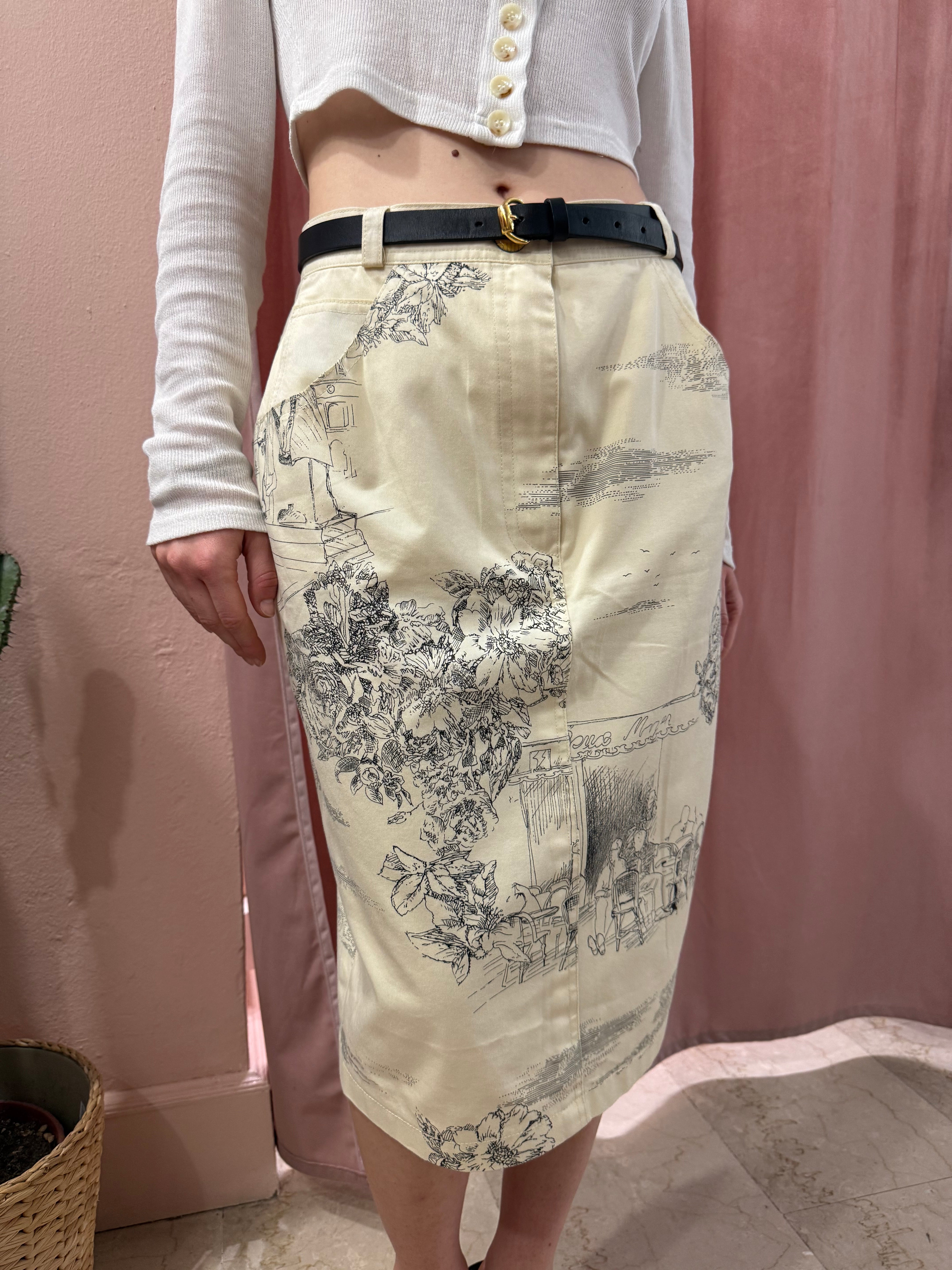 Gonna vintage midi con fantasia disegnata