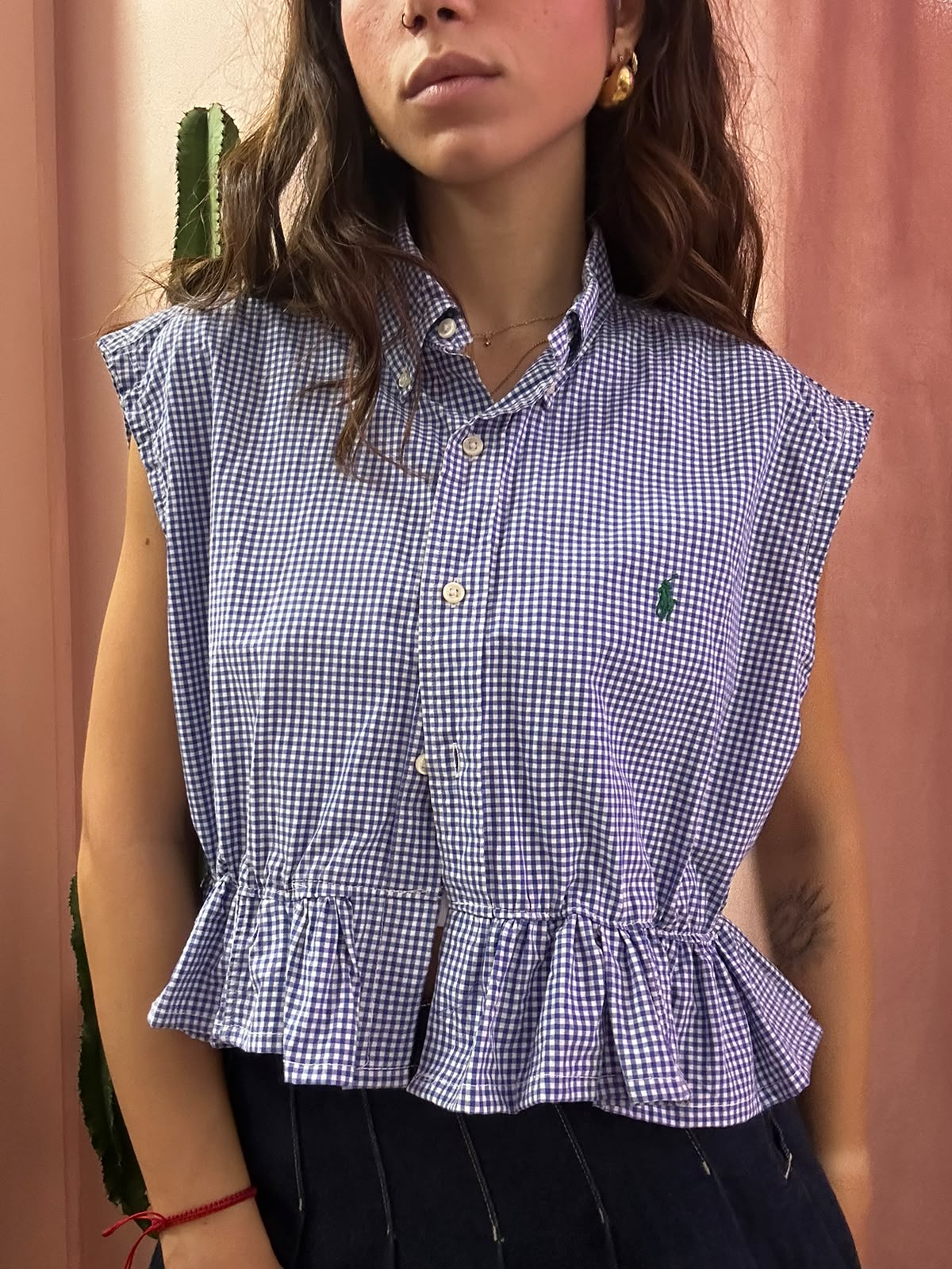 Camicia Ralph Lauren upcycling volant quadretti blu