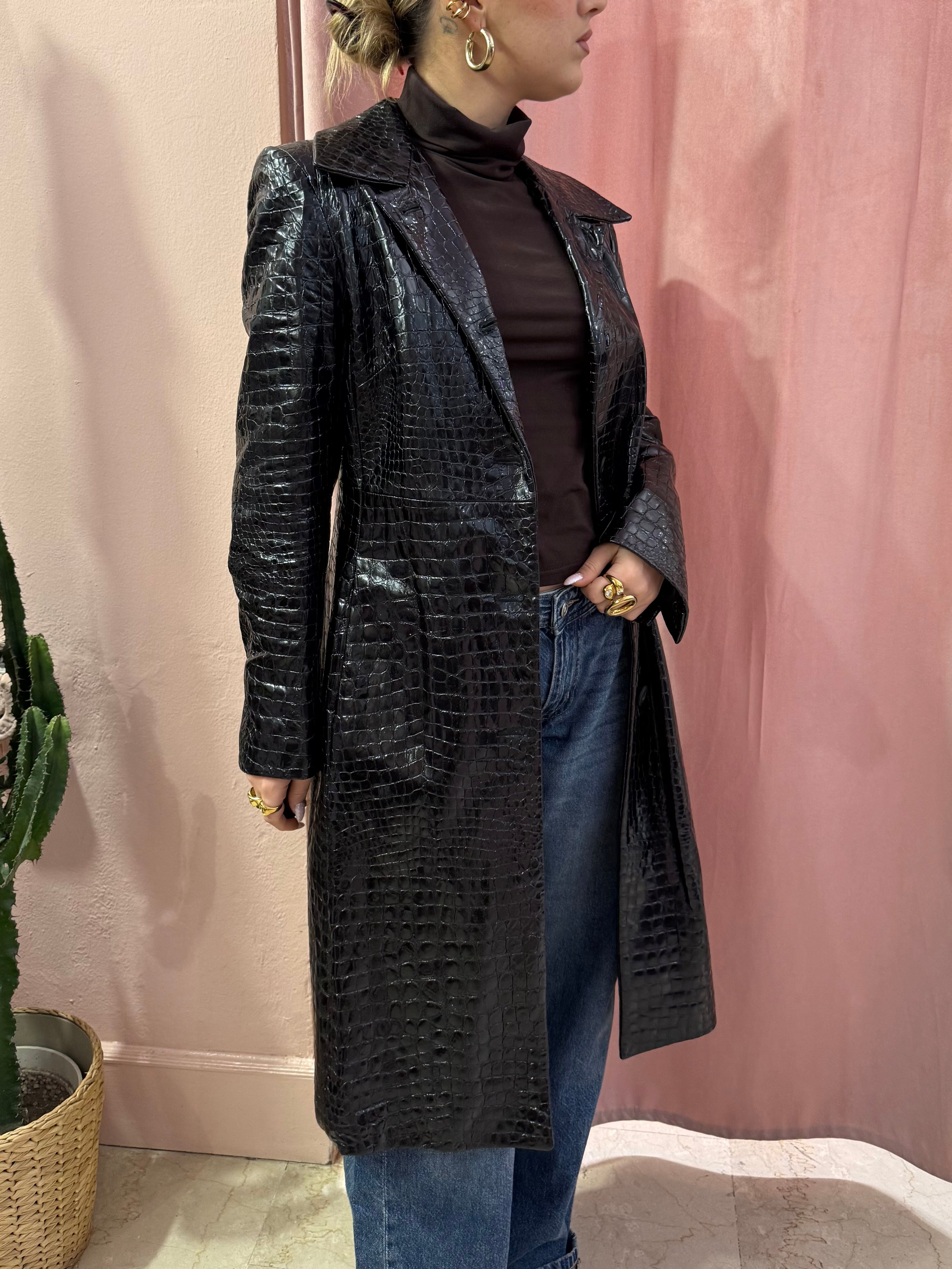 Trench in pelle nero stampa cocco