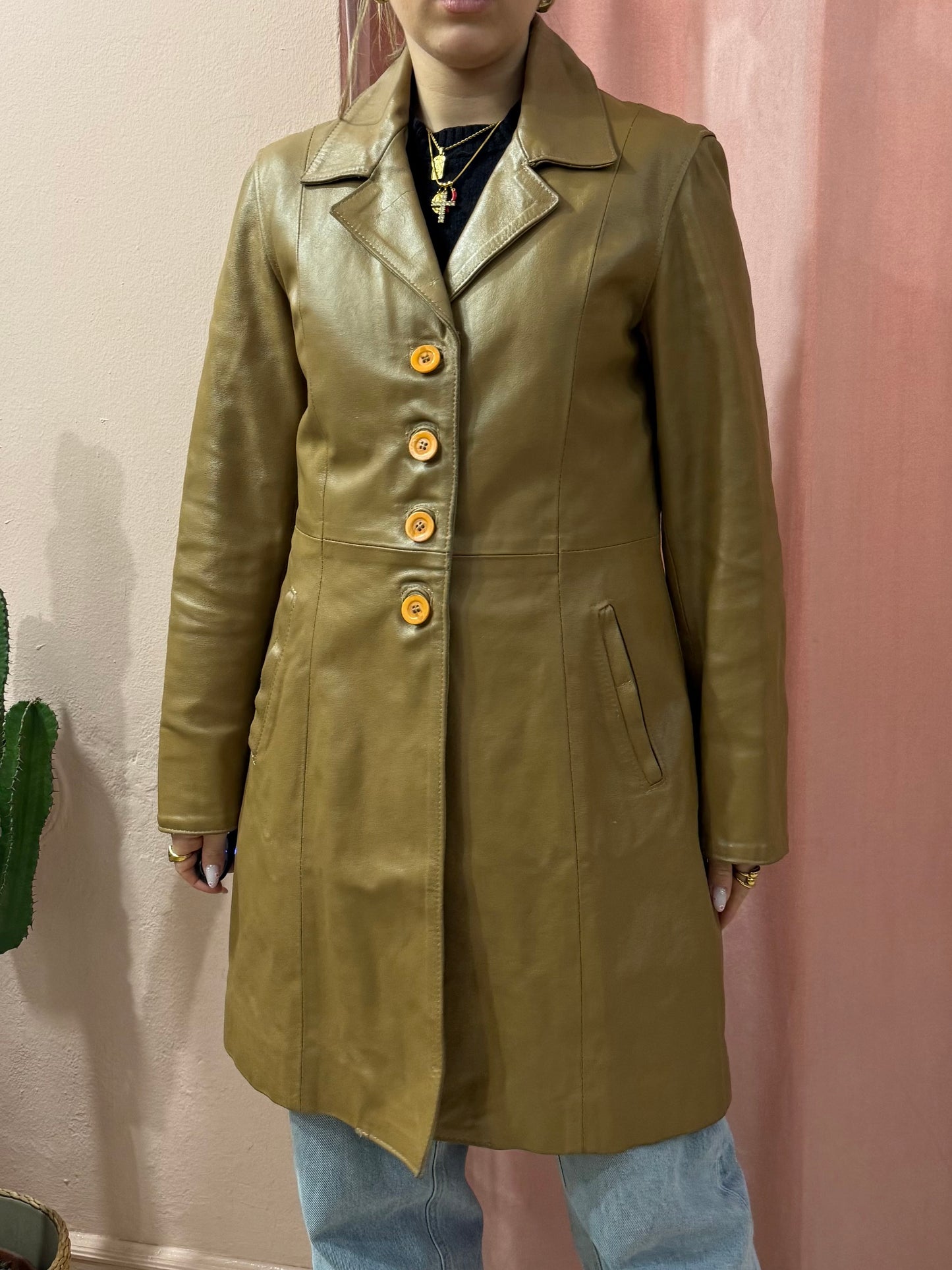 Giacca lunga in pelle color biscotto
