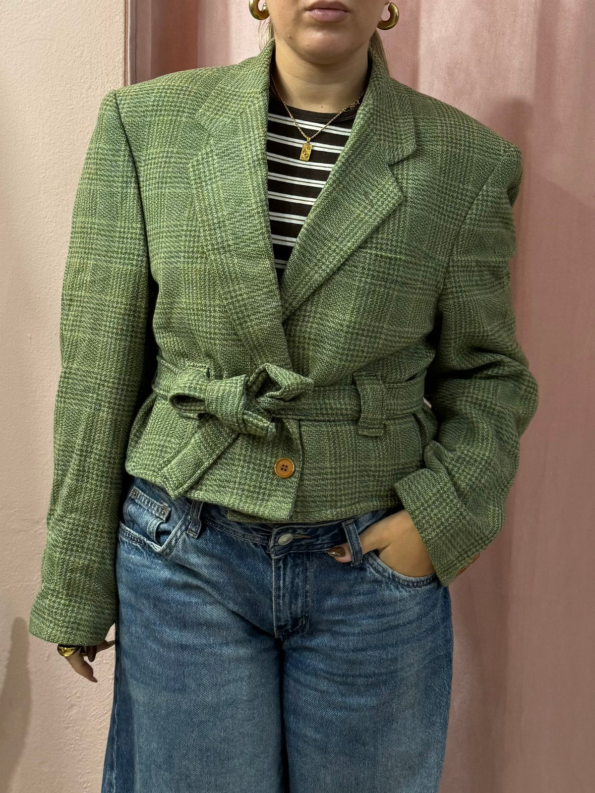 Blazer in lana upcycling verde principe di galles