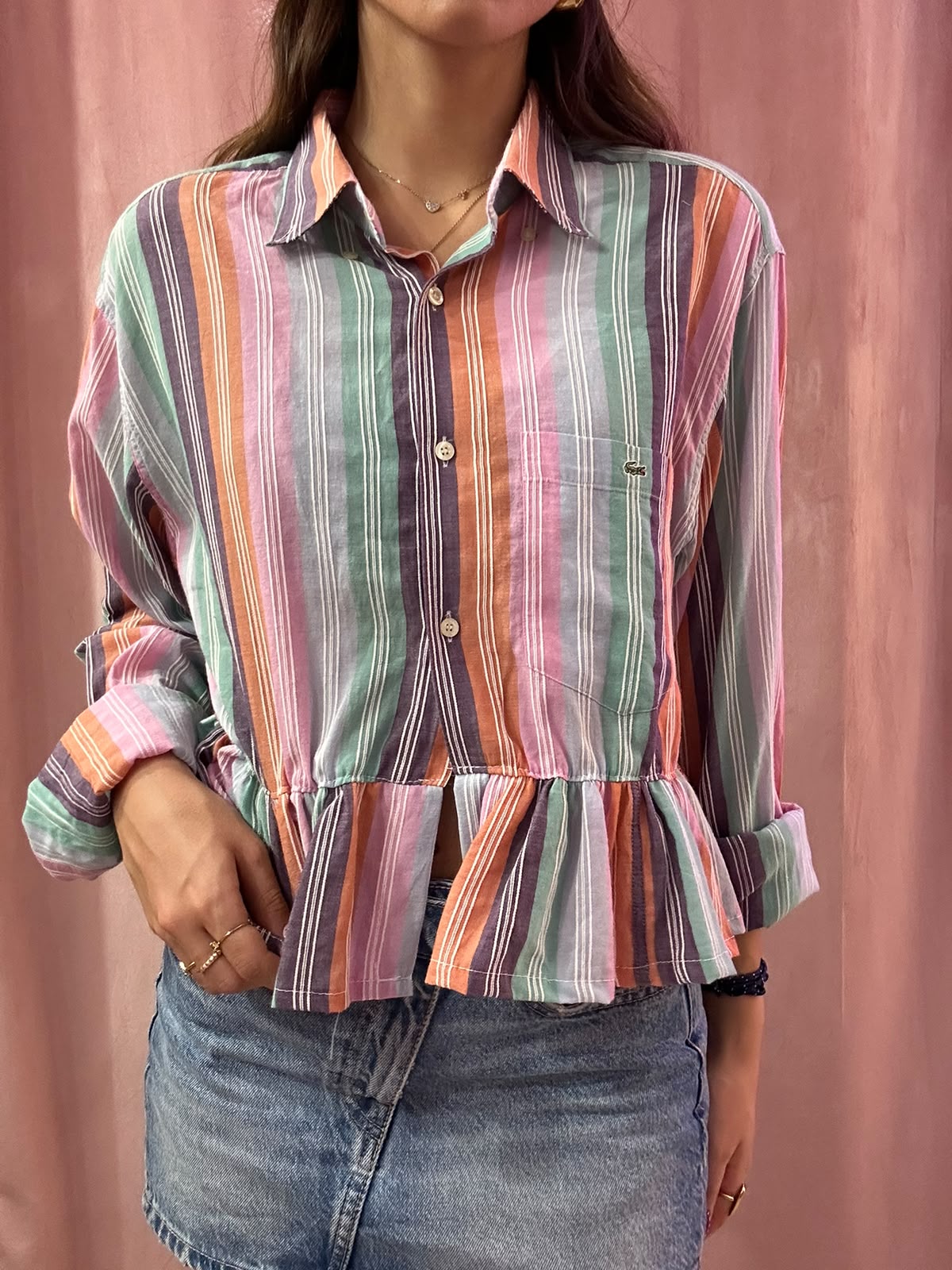 Camicia Lacoste upcycling multicolor a righe volant