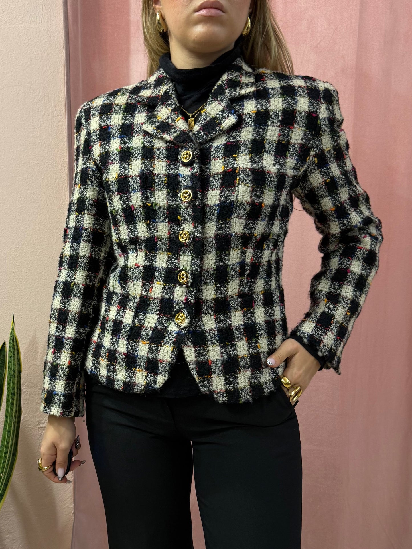 Blazer vintage a quadri bianco e nero
