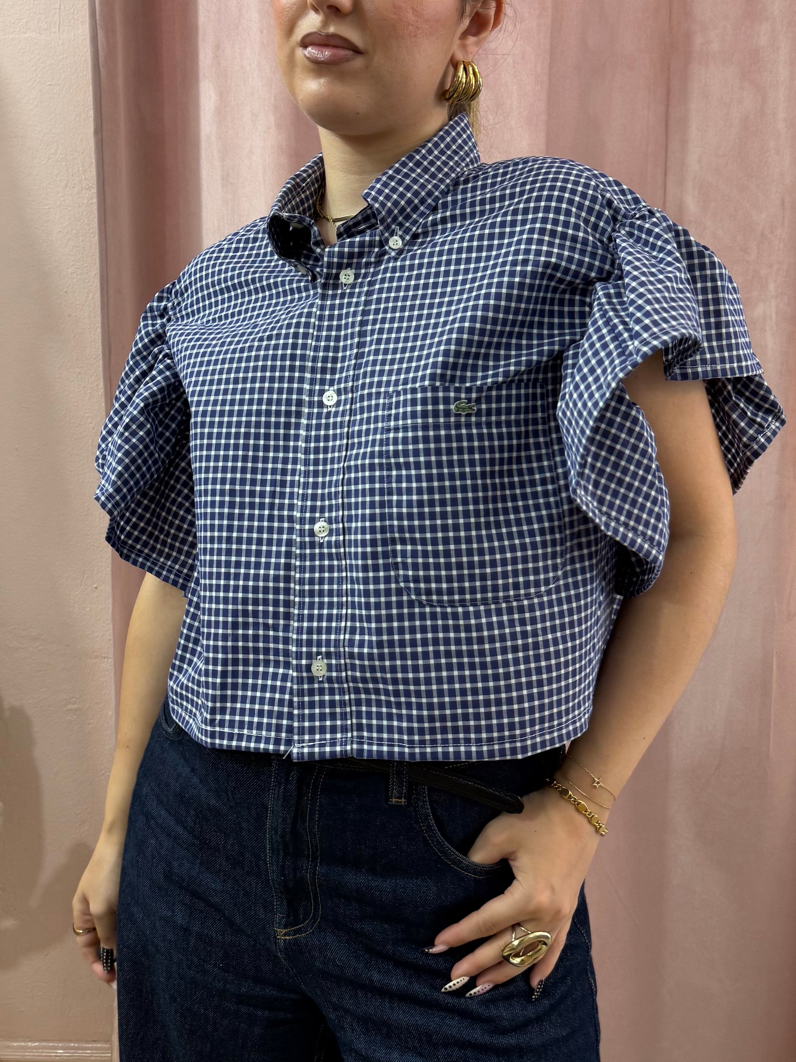 Camicia Lacoste upcycling volant blu a quadretti