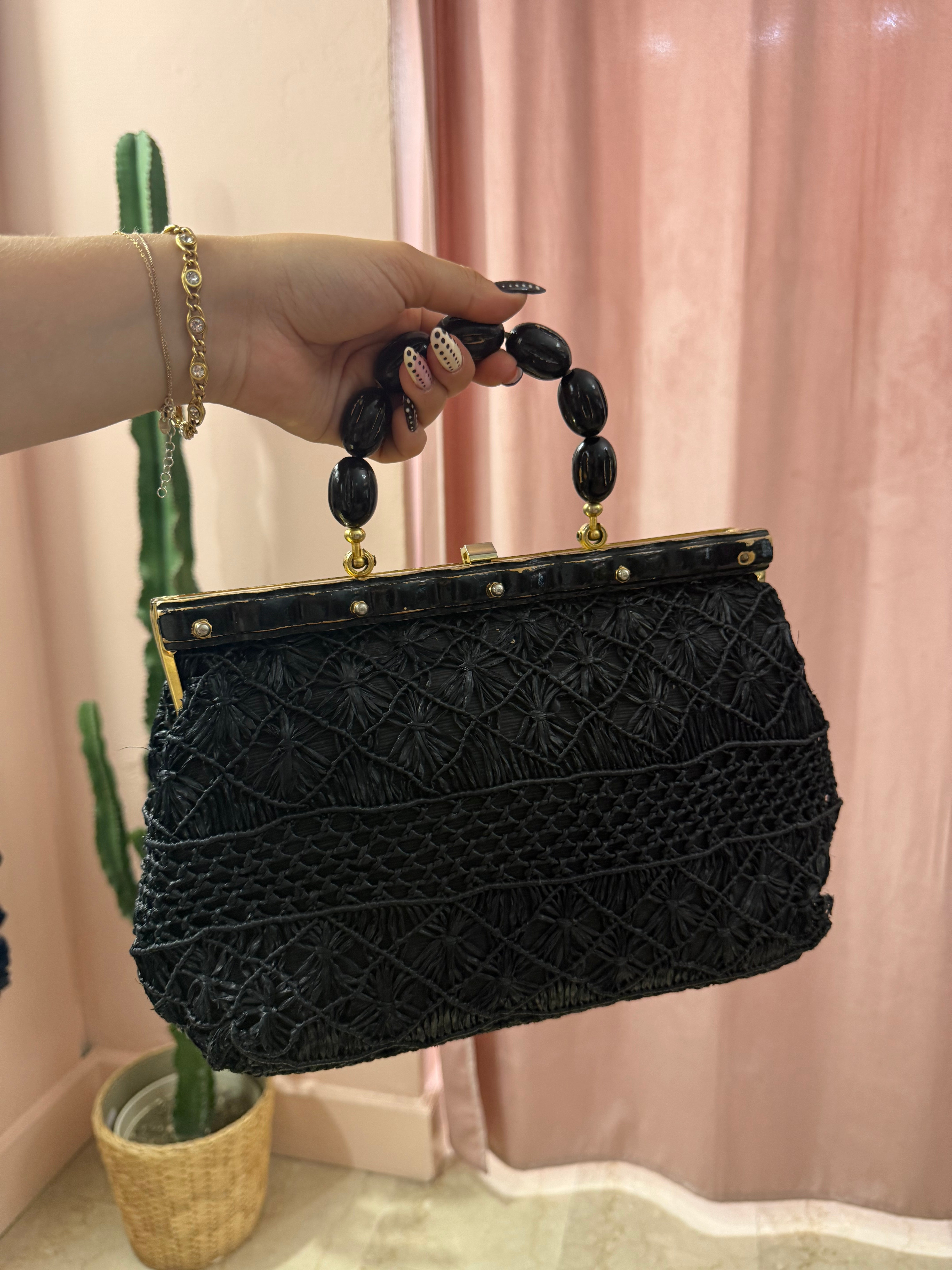 Borsa vintage in paglia con manico in legno