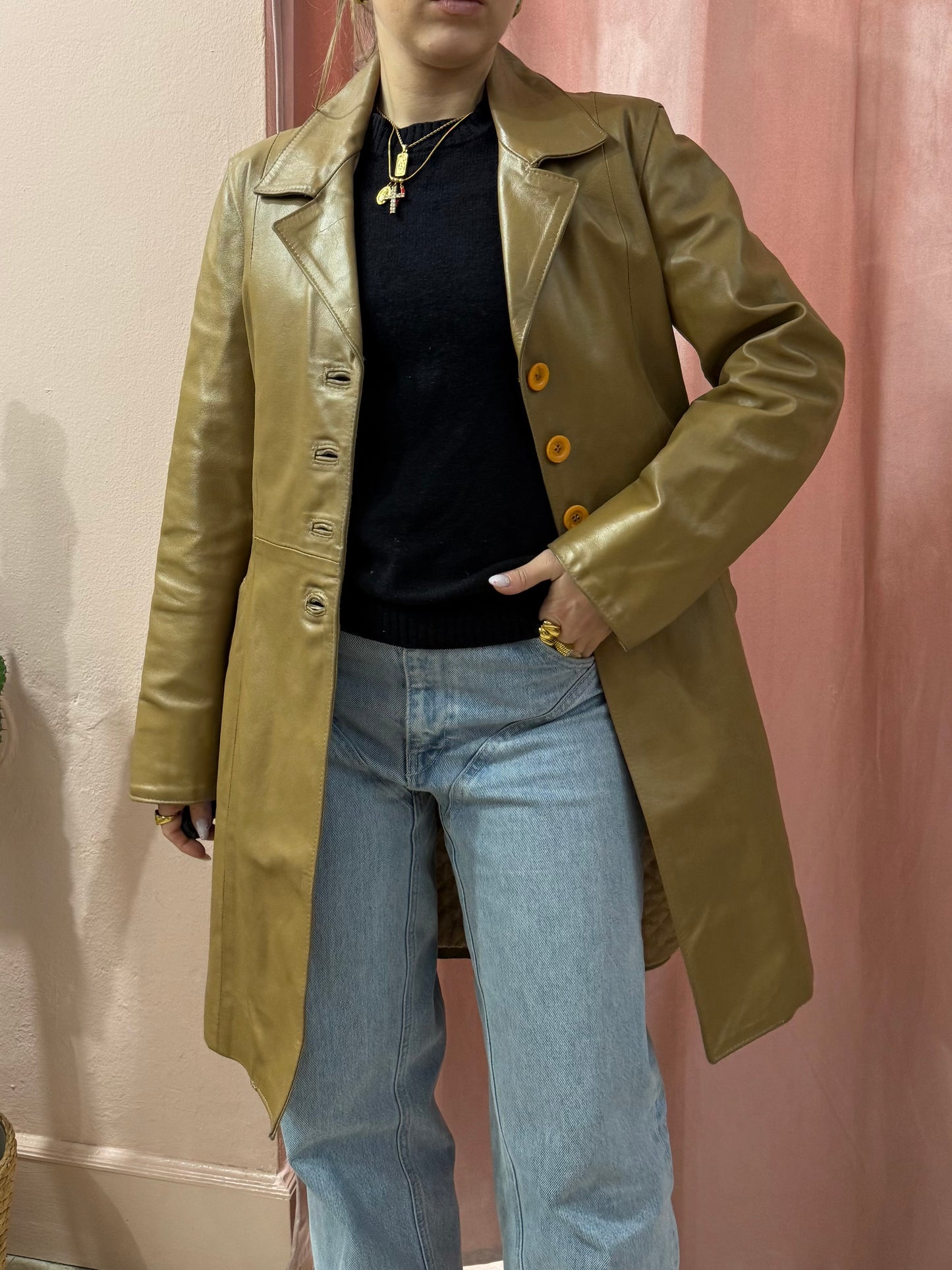Giacca lunga in pelle color biscotto