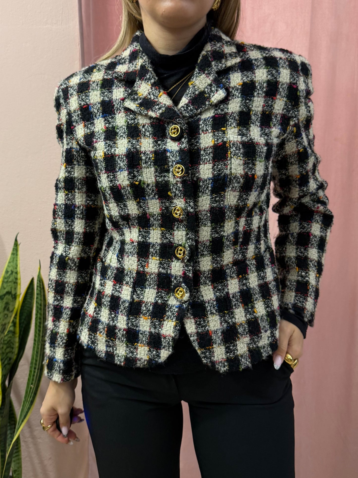 Blazer vintage a quadri bianco e nero
