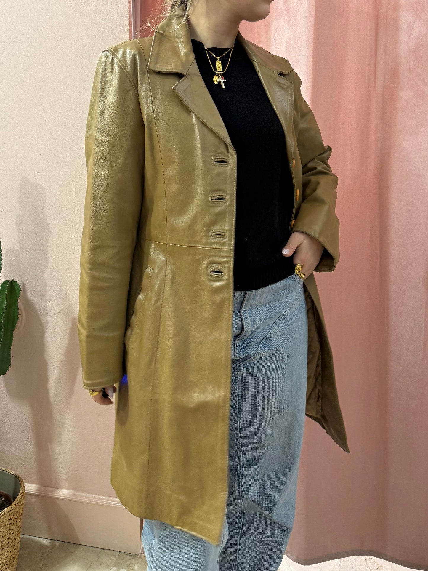 Giacca lunga in pelle color biscotto