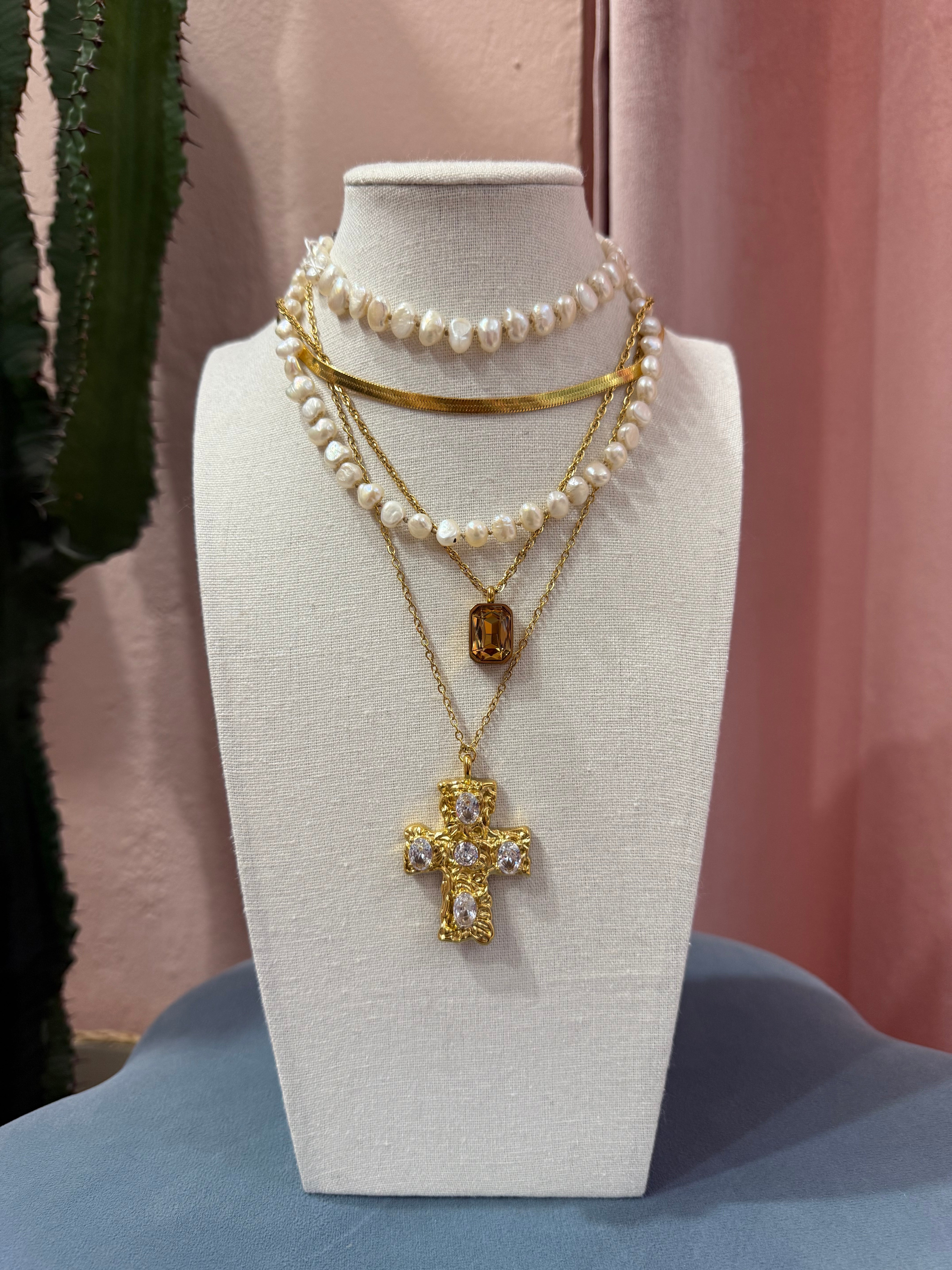Collana con croce sfaccettata gold/silver