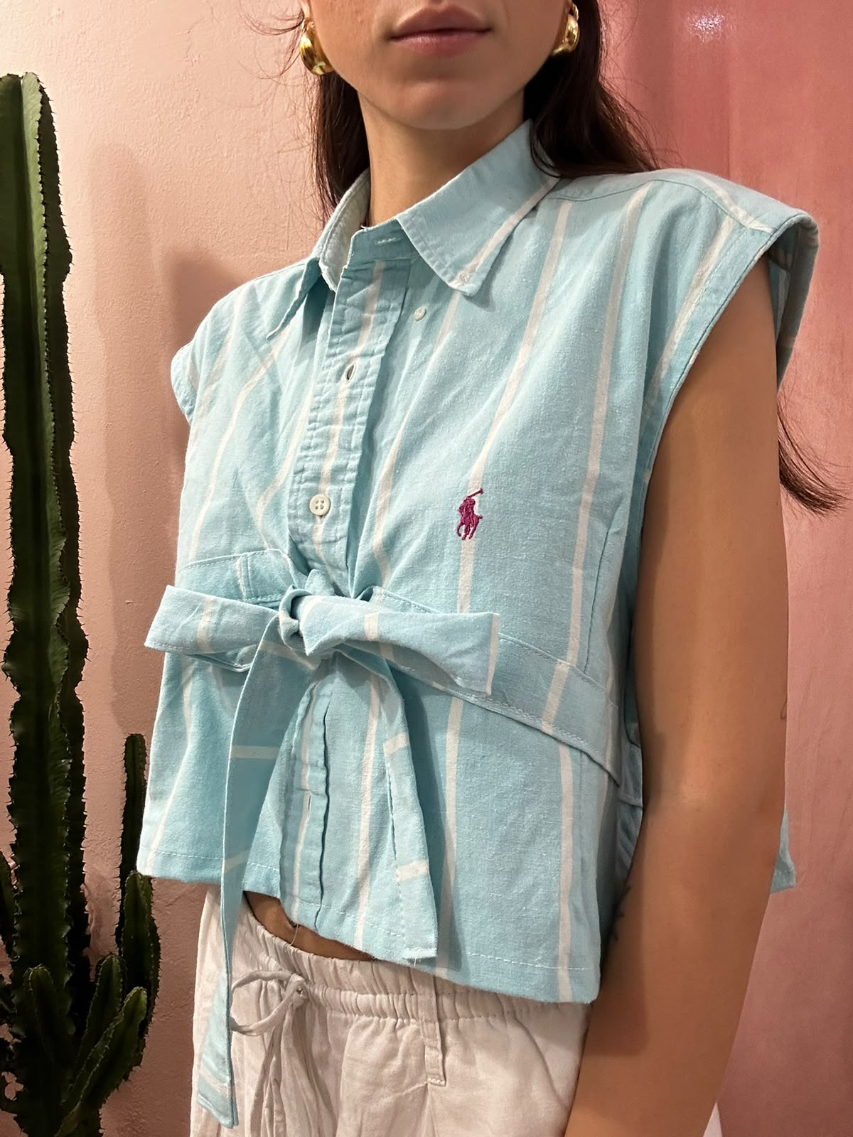 Camicia Ralph Lauren upcycling fiocco a righe azzurra