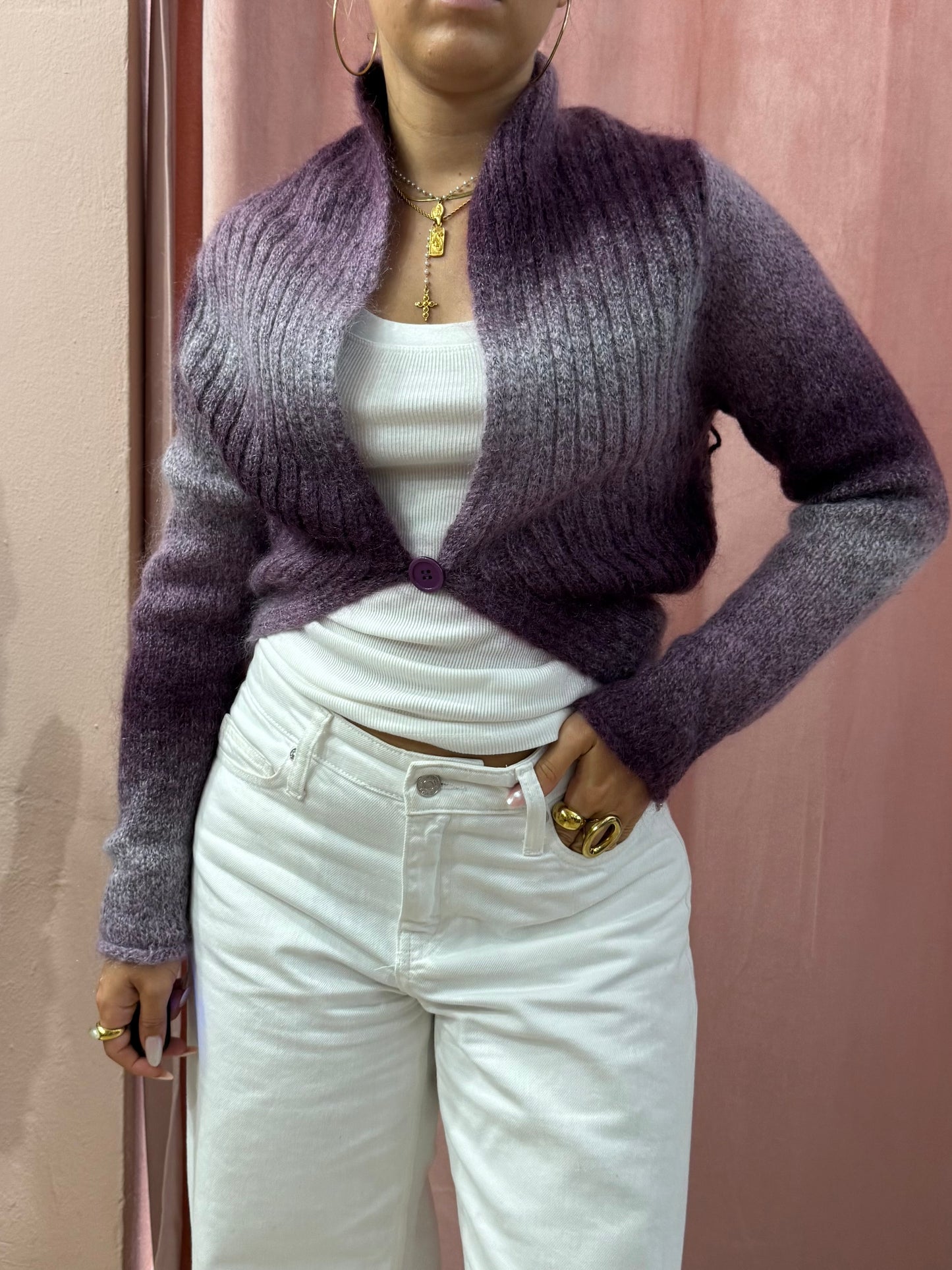 Cardigan viola sfumato lavorato a maglia