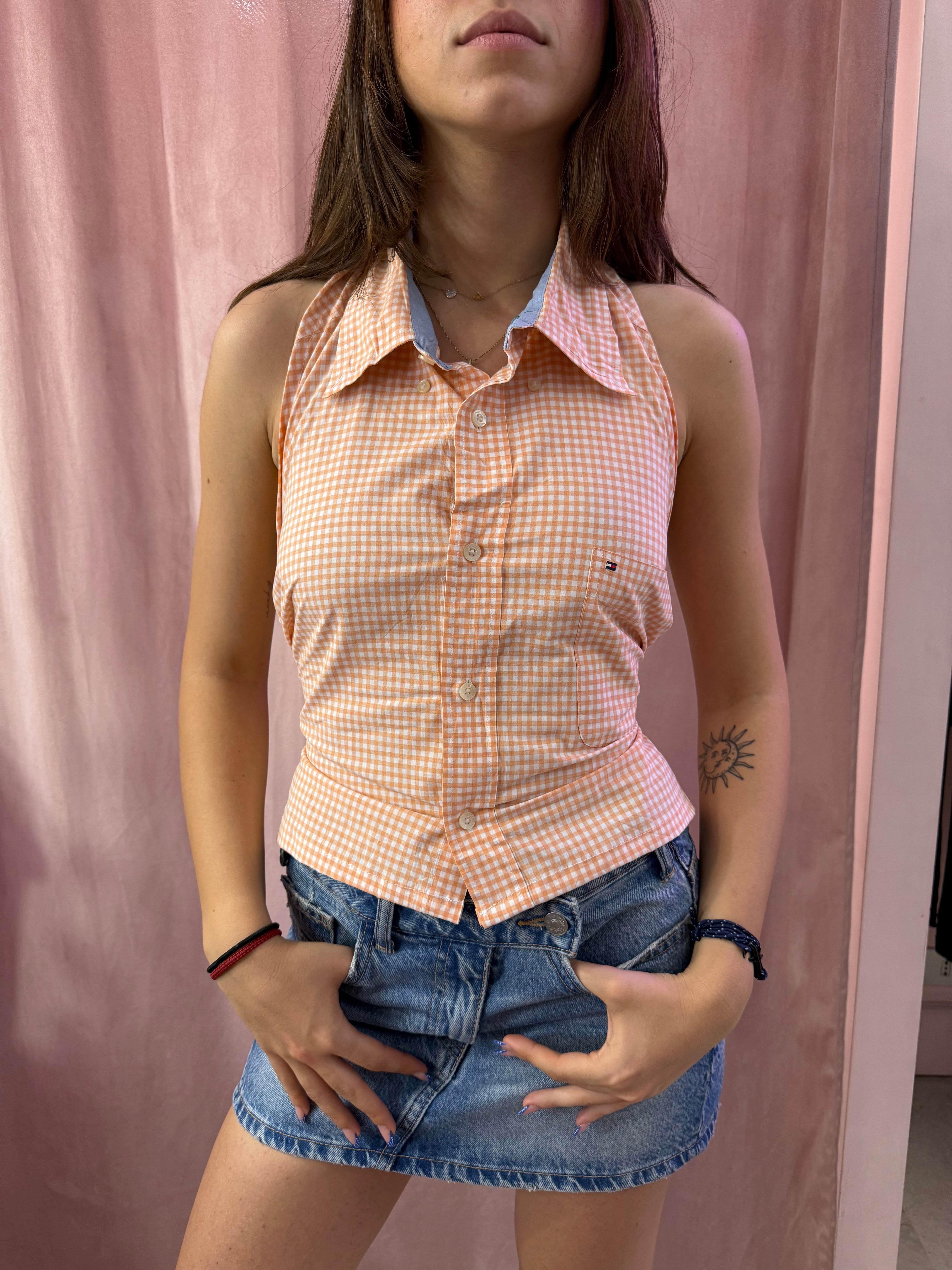 Camicia Tommy H. smanicata upcycling vichy arancio