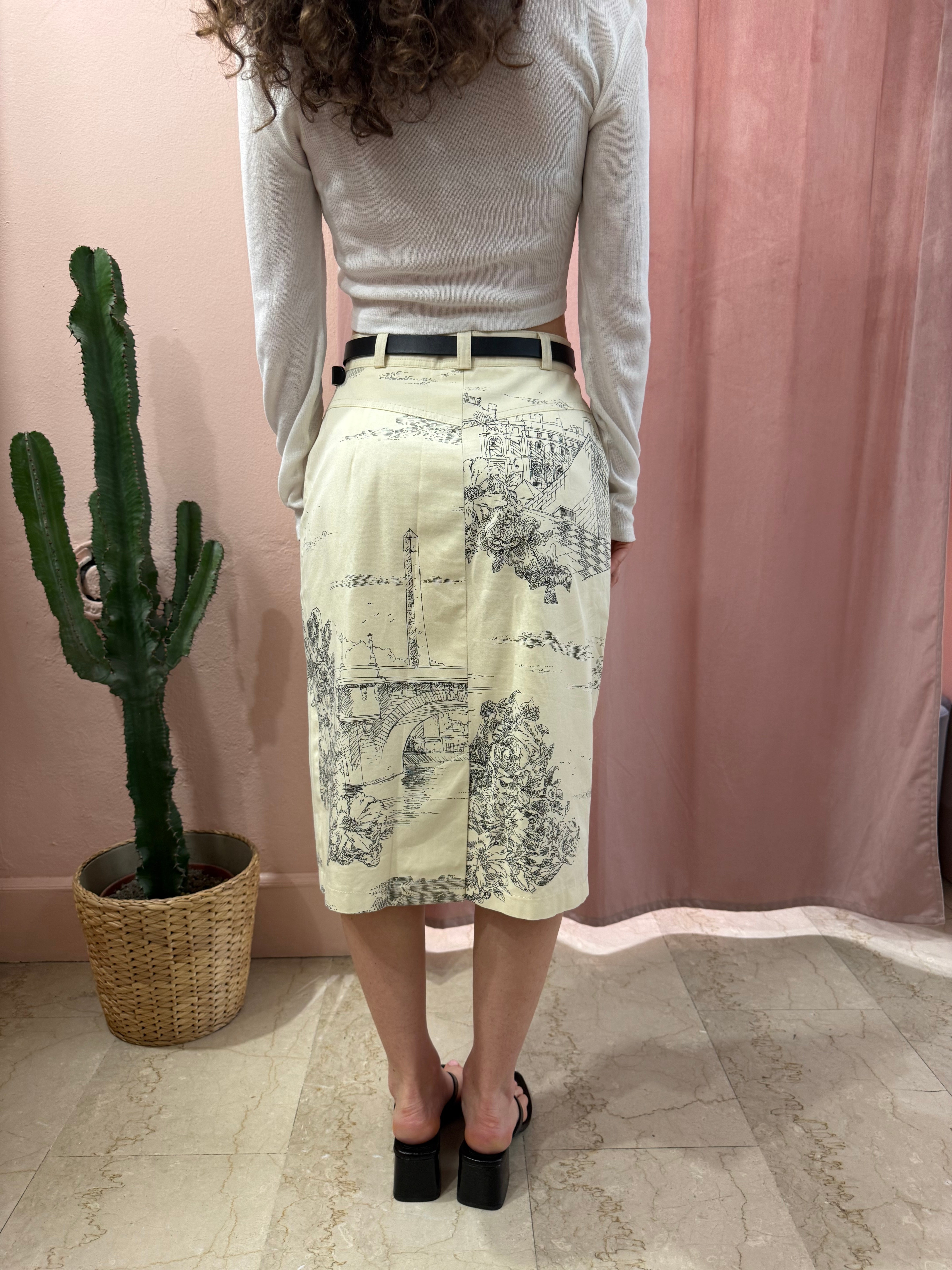 Gonna vintage midi con fantasia disegnata