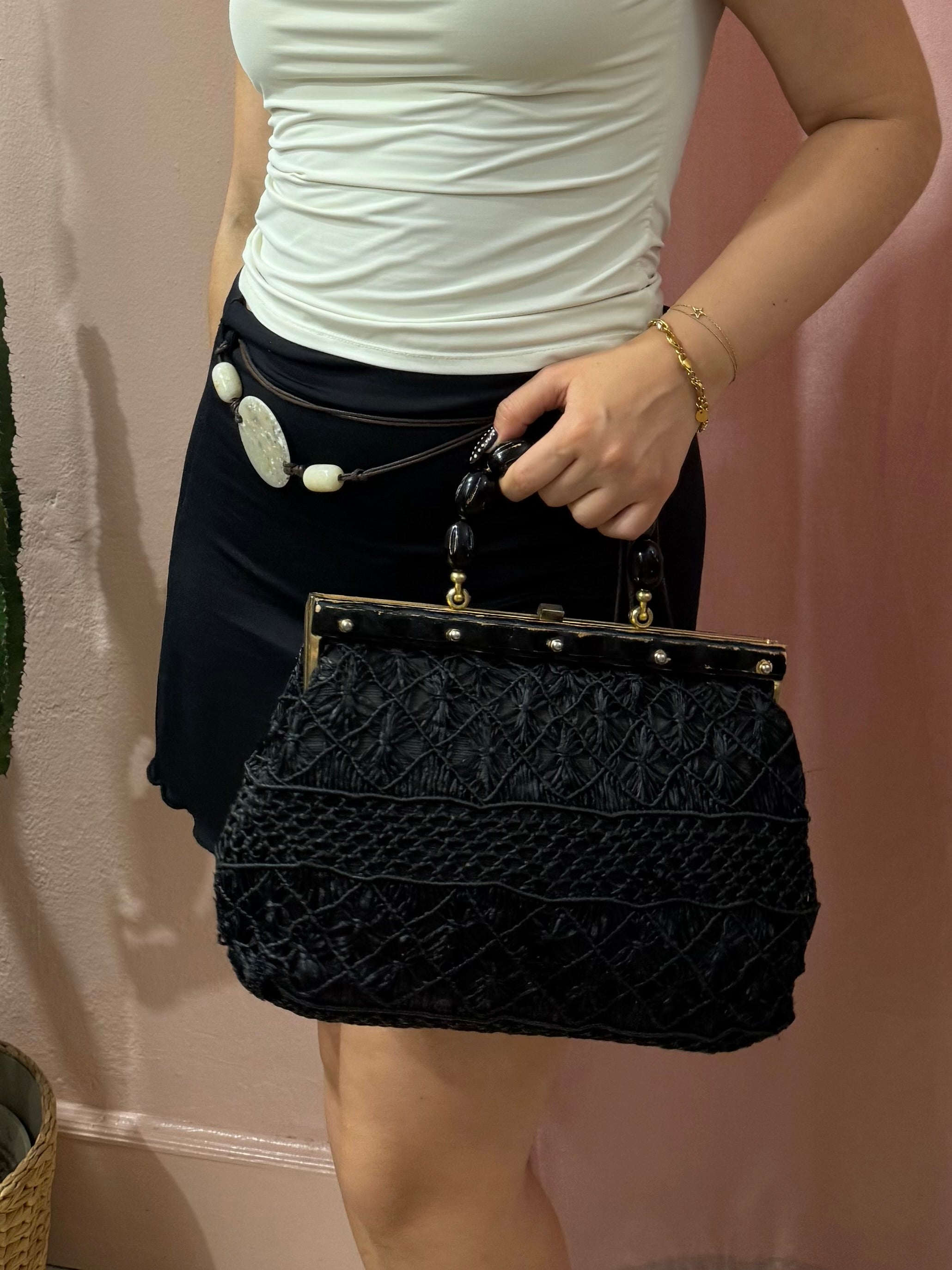 Borsa vintage in paglia con manico in legno