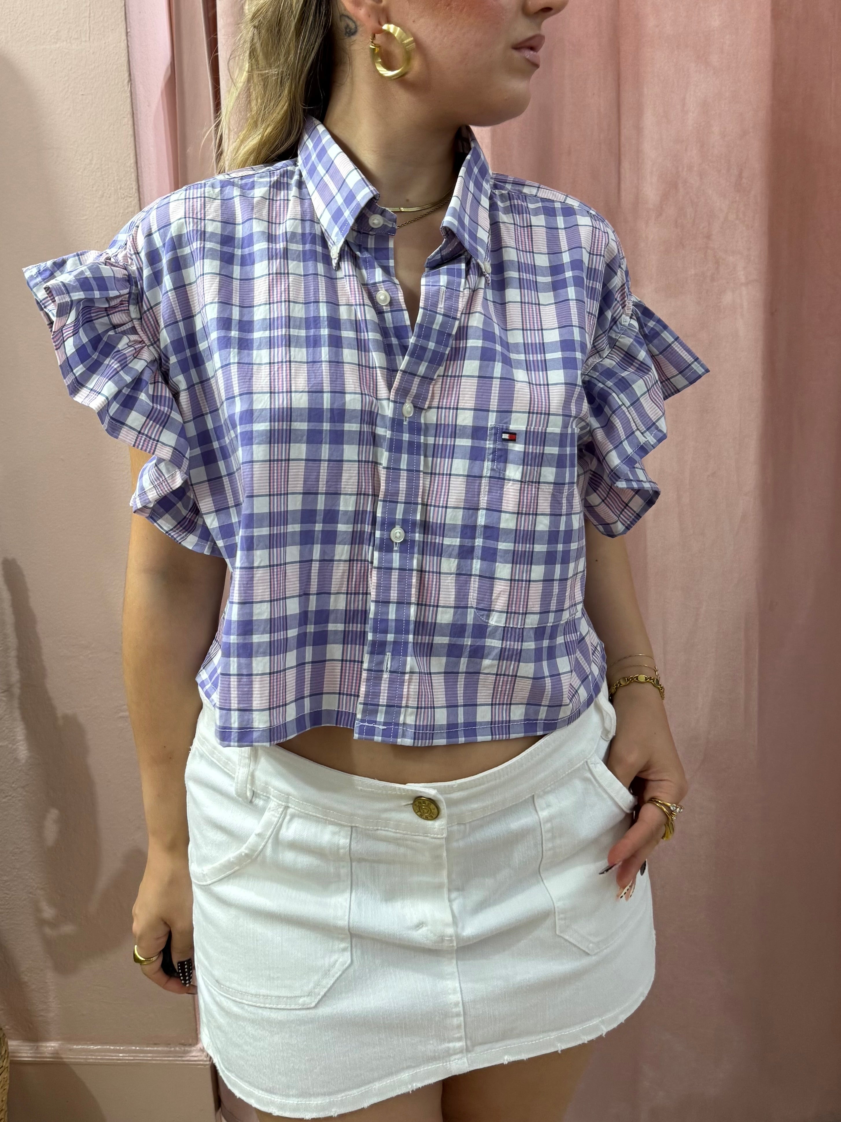 Camicia Tommy H. upcycling a quadri lilla