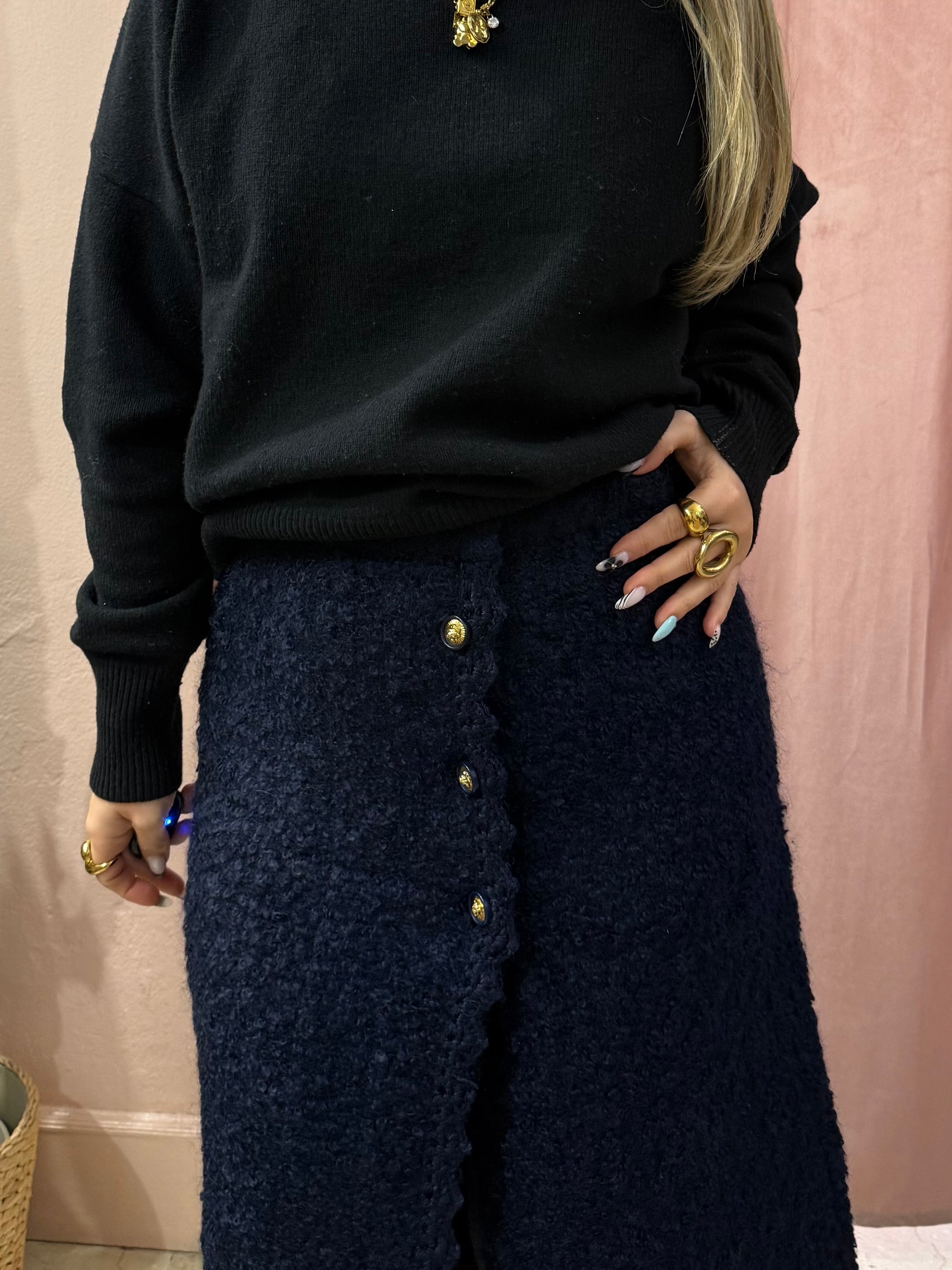 Gonna longuette blu in lana bouclé