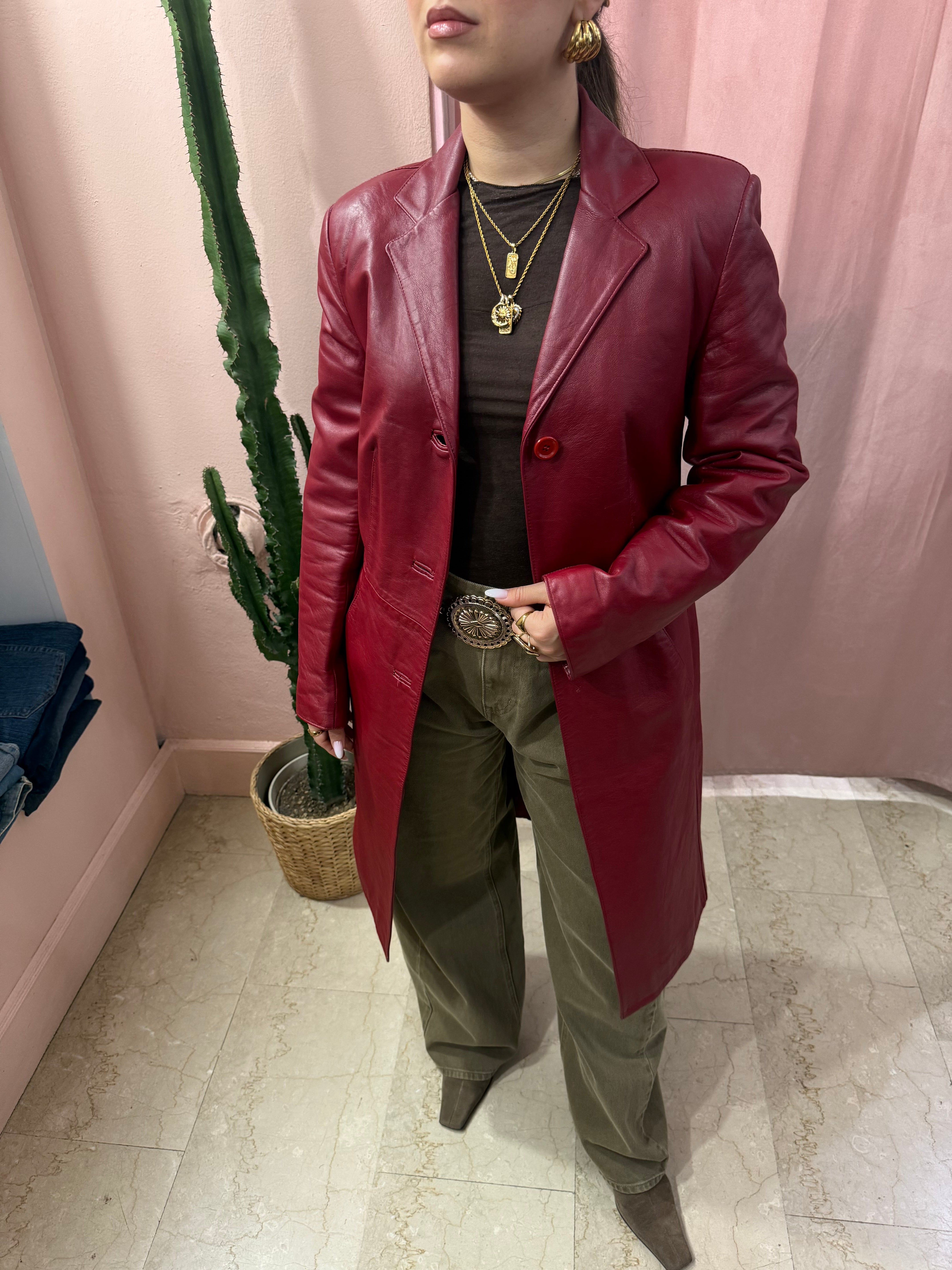 Giacca lunga in pelle rossa