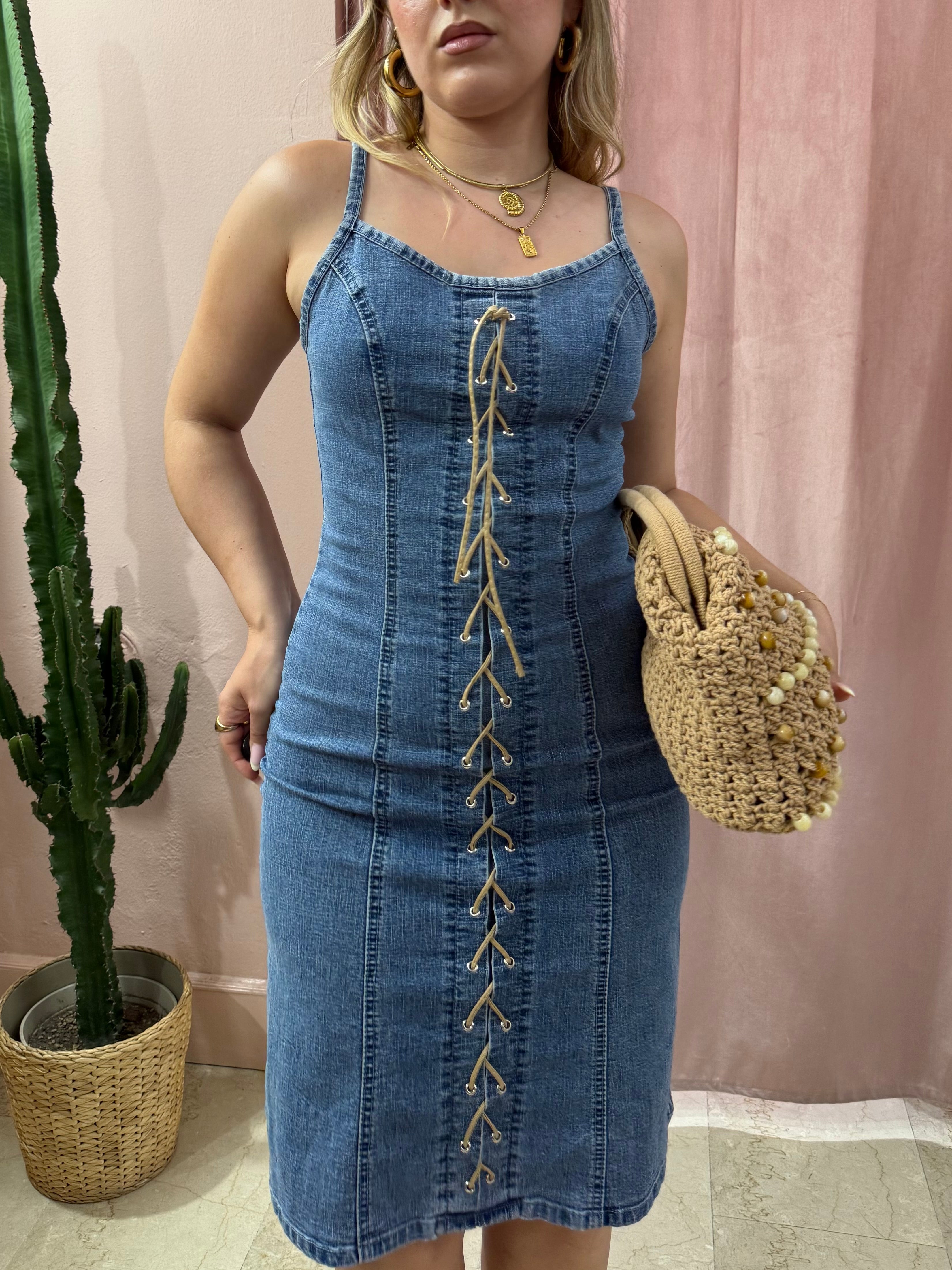 Vestito 00s in denim con intreccio sul davanti
