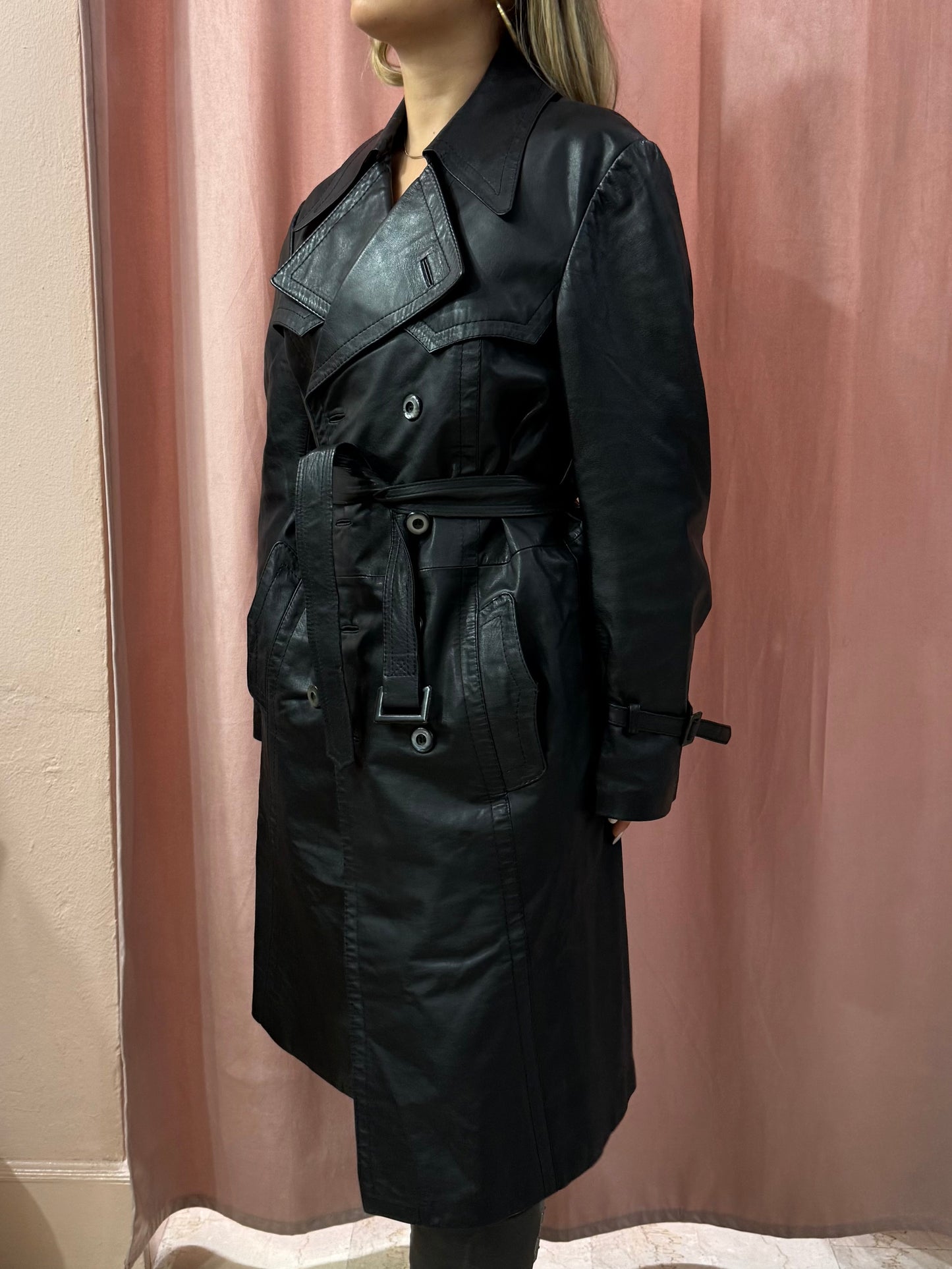 Trench lungo in vera pelle nero