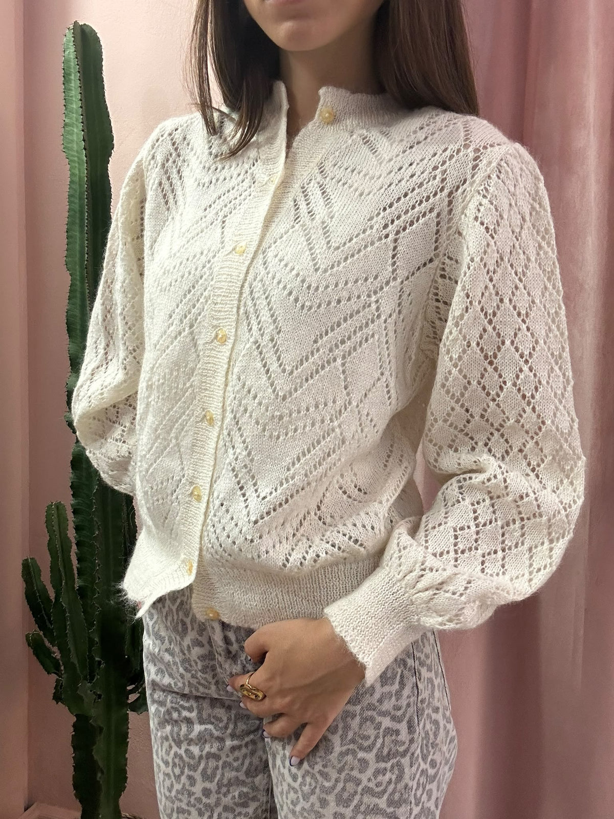 Cardigan vintage panna traforato in lana