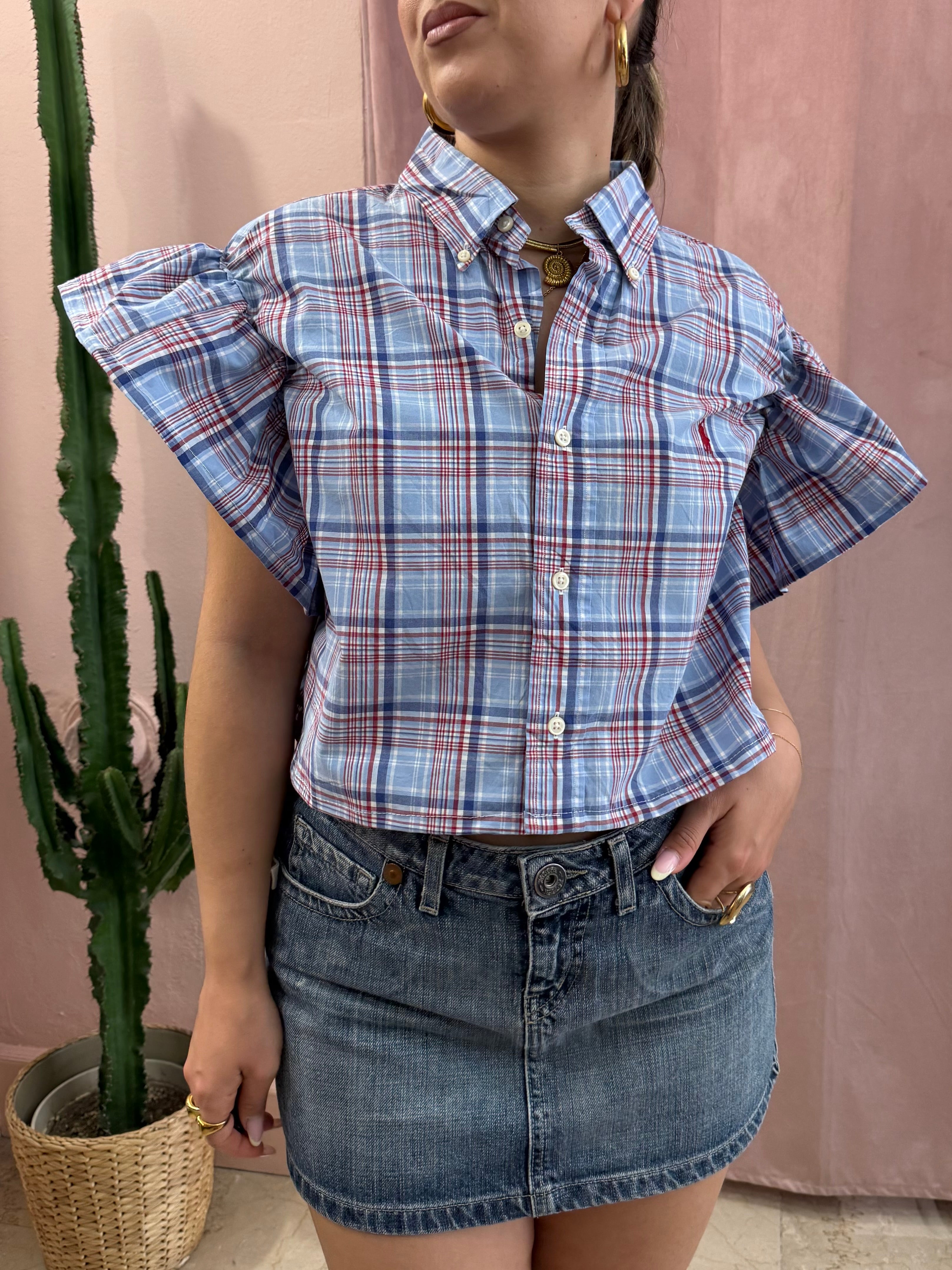 Camicia Ralph Lauren upcycling volant quadri azzurra