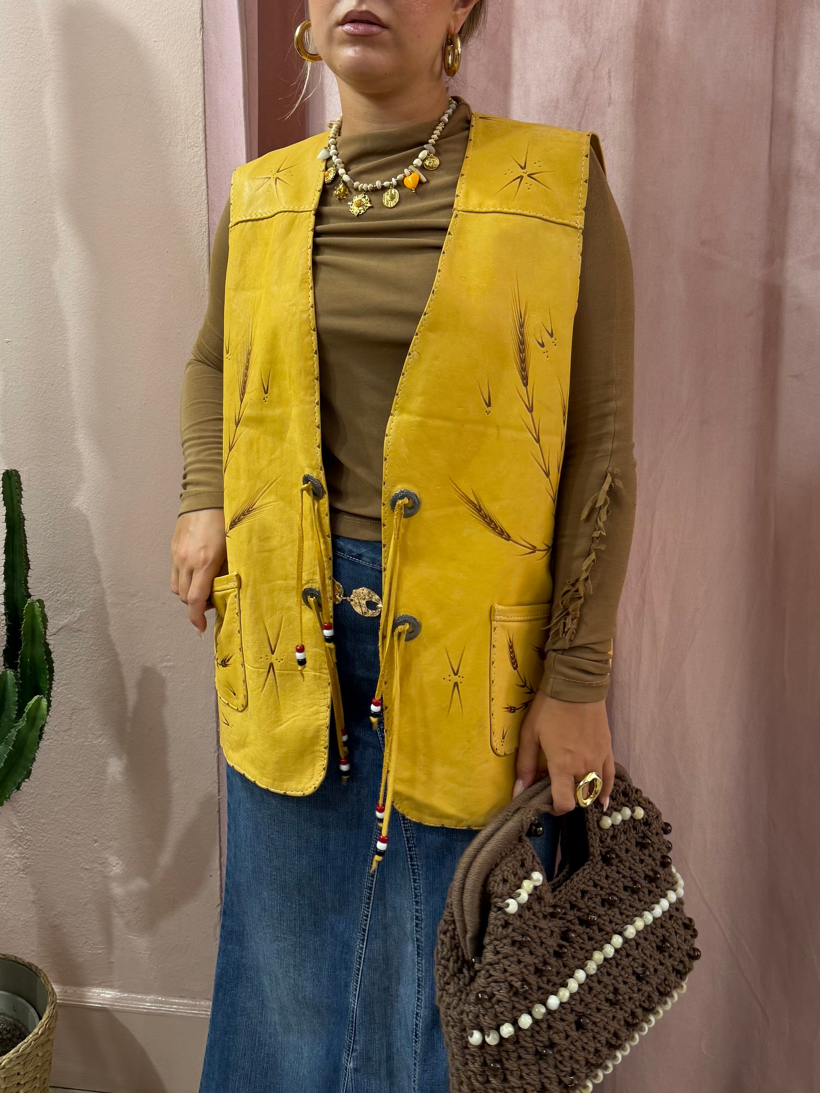 Gilet in vera pelle con fantasia spighe di grano