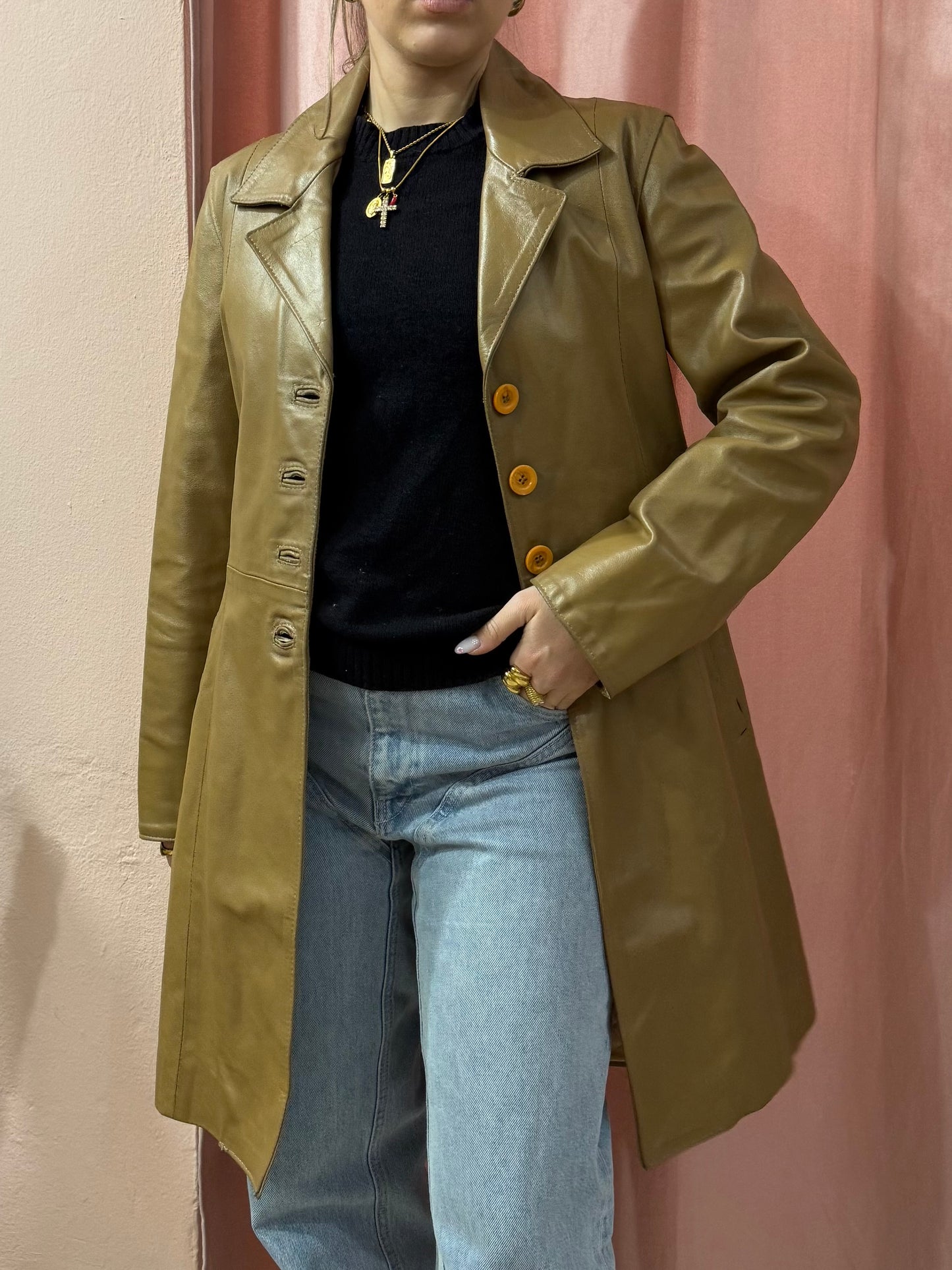 Giacca lunga in pelle color biscotto