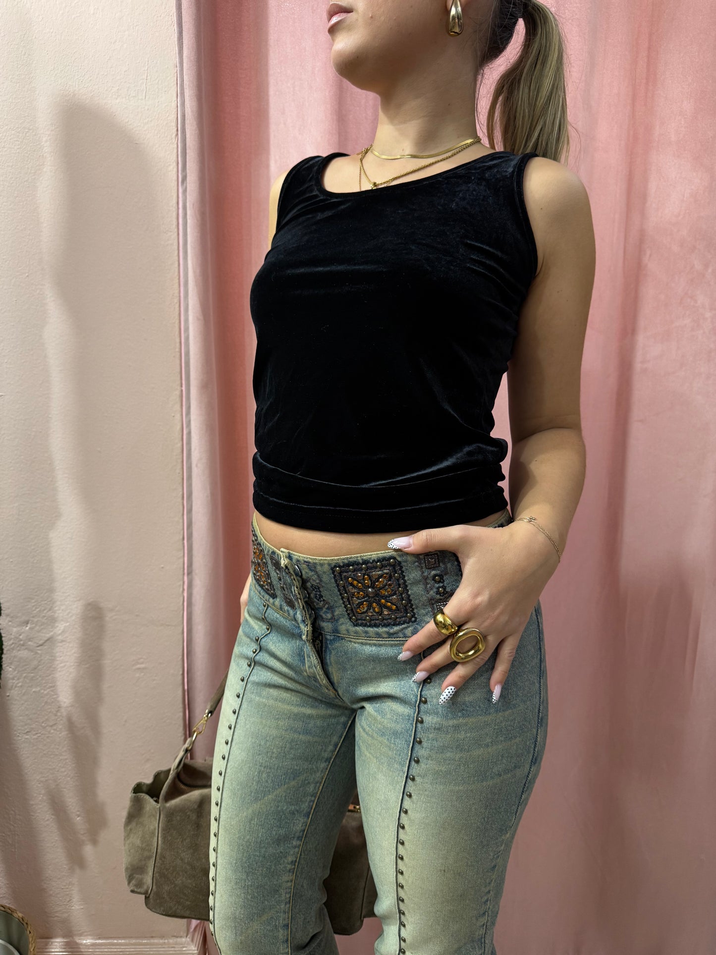 Jeans y2k vita bassa con ricami