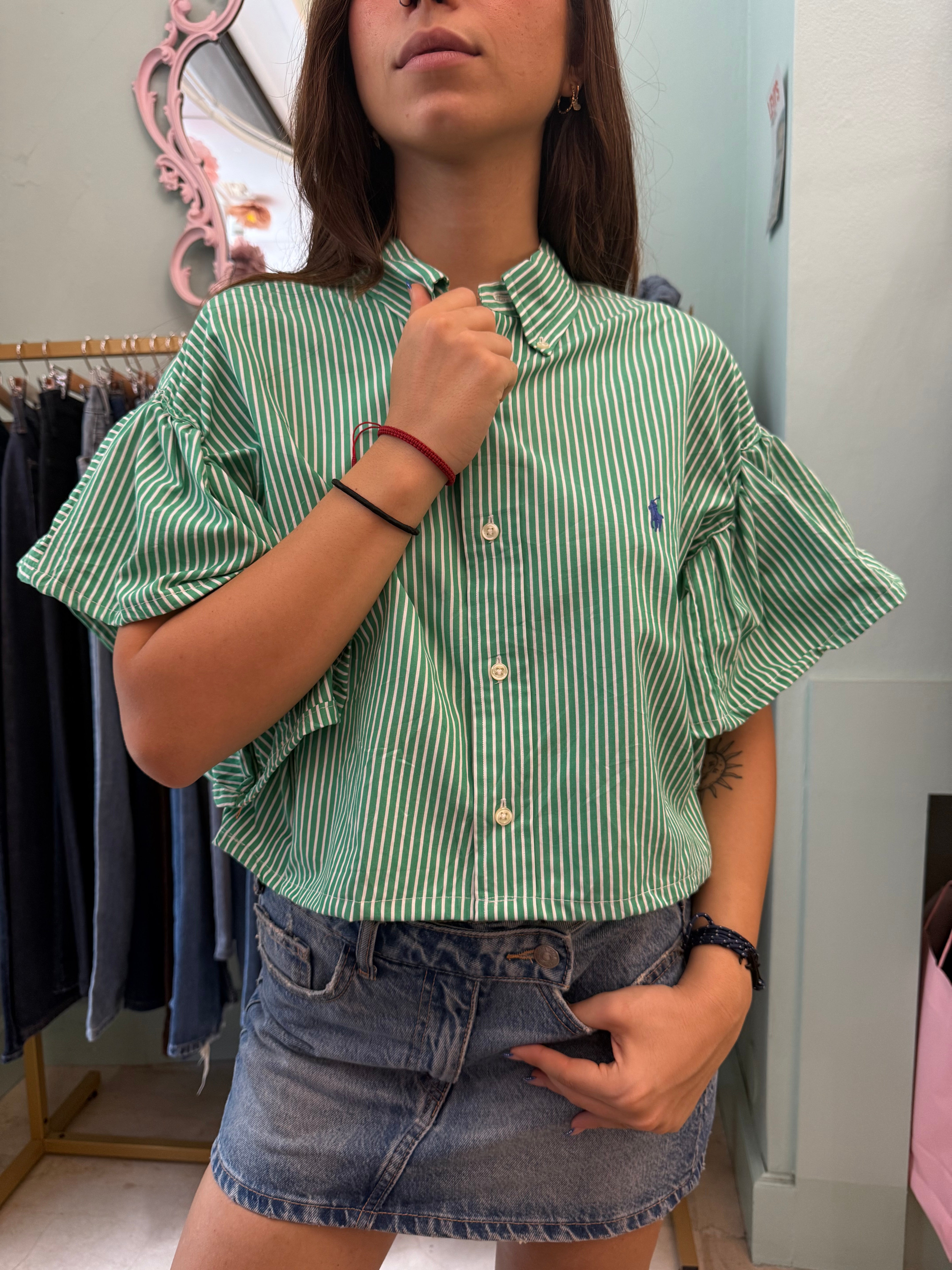 Camicia Ralph Lauren upcycling volant righe verde