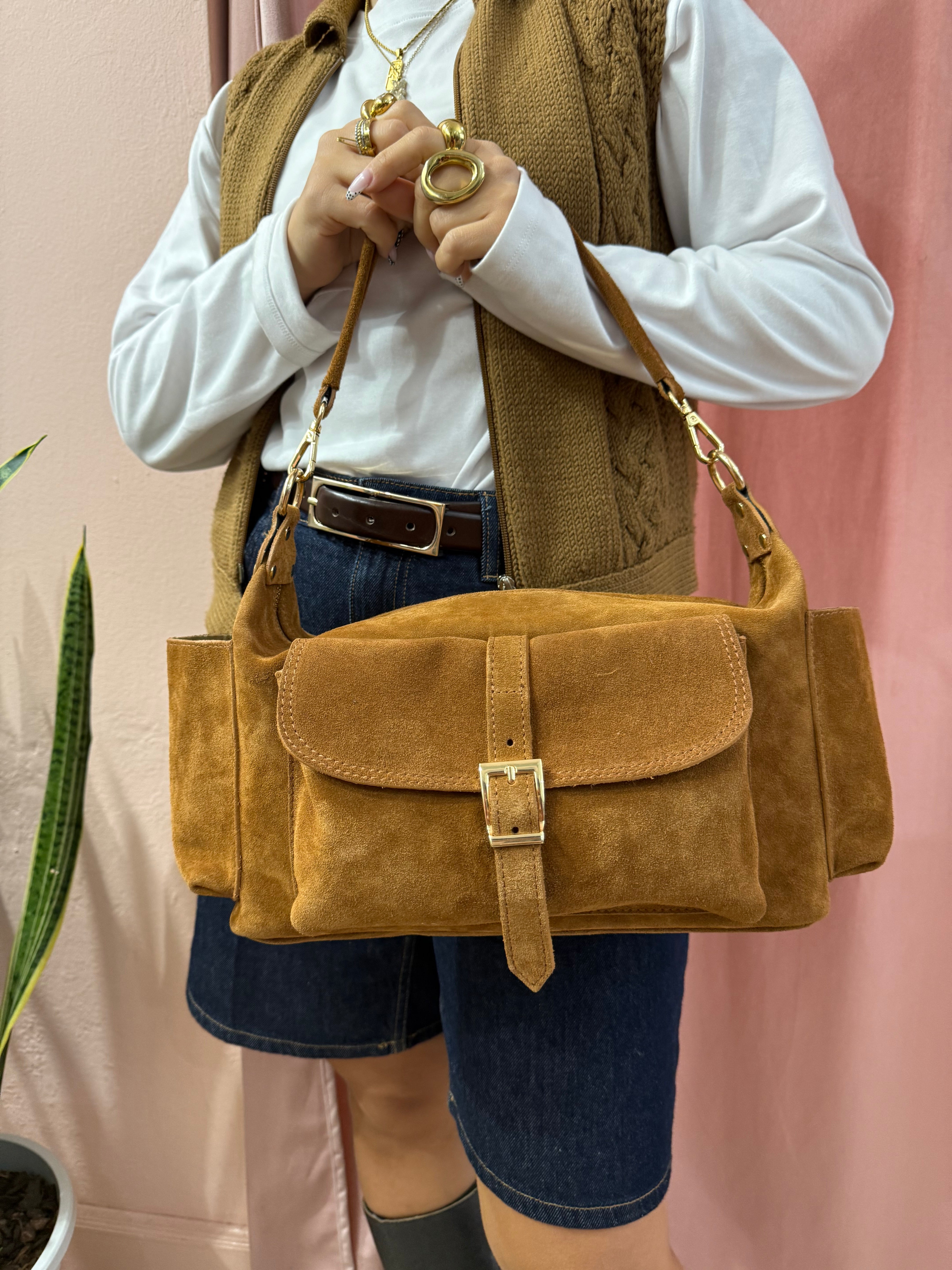 Borsa in vera pelle scamosciata