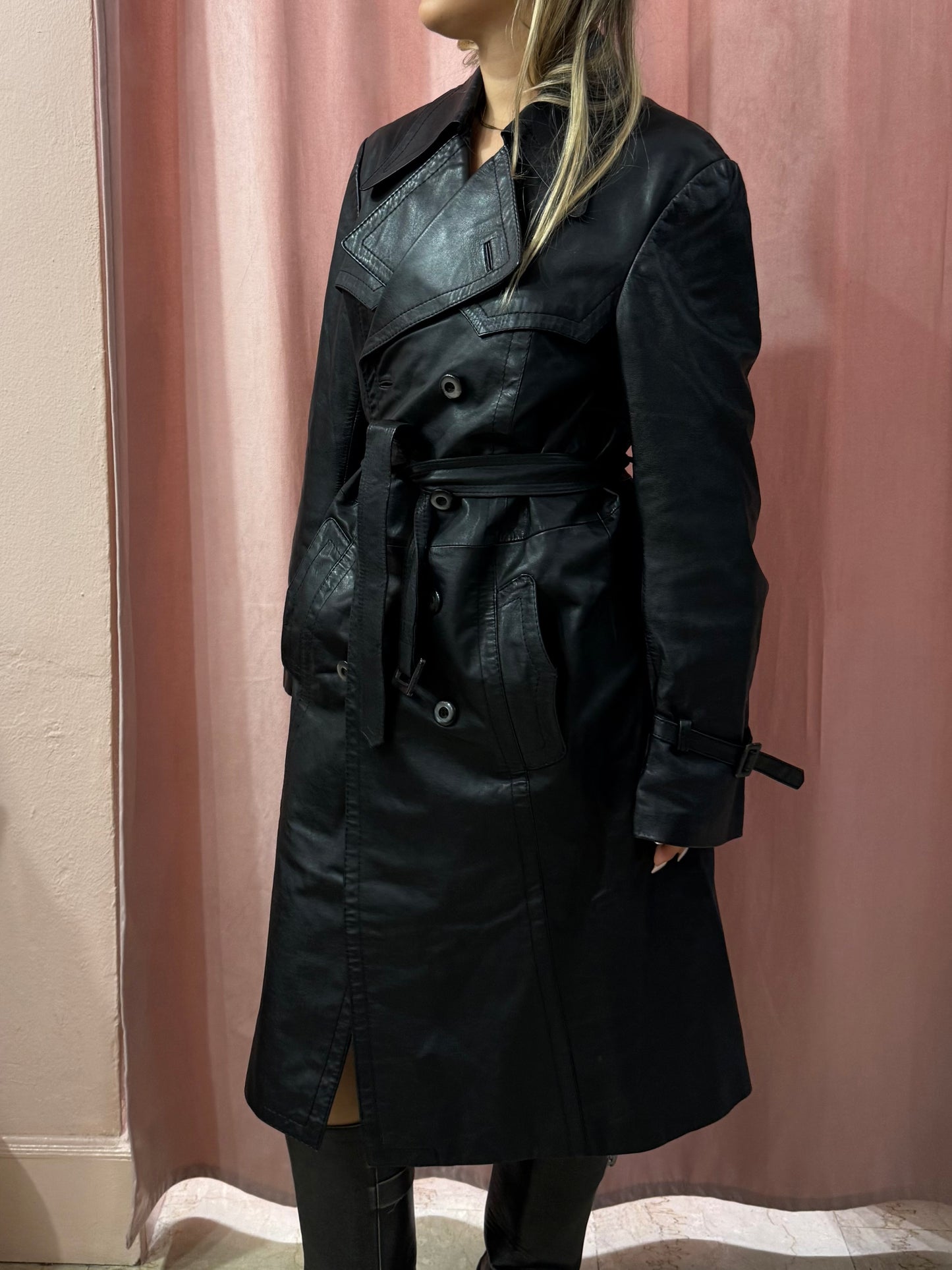 Trench lungo in vera pelle nero