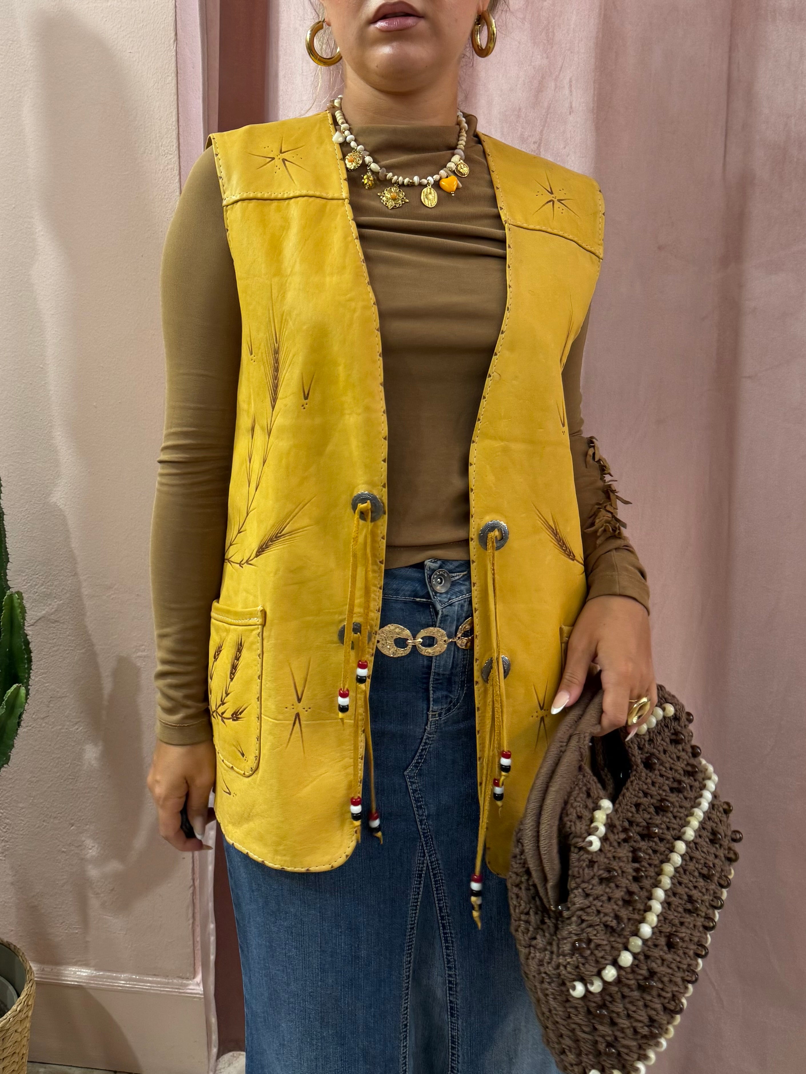 Gilet in vera pelle con fantasia spighe di grano