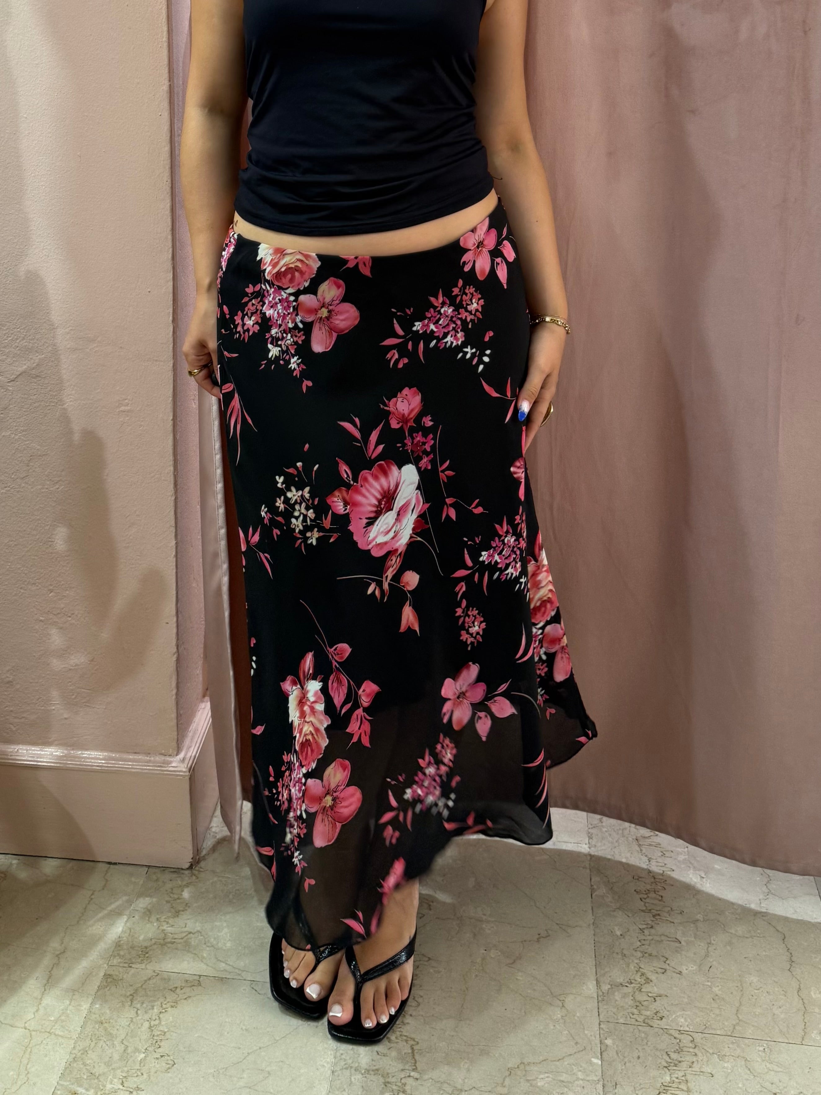 Gonna midi nera fantasia fiori rosa
