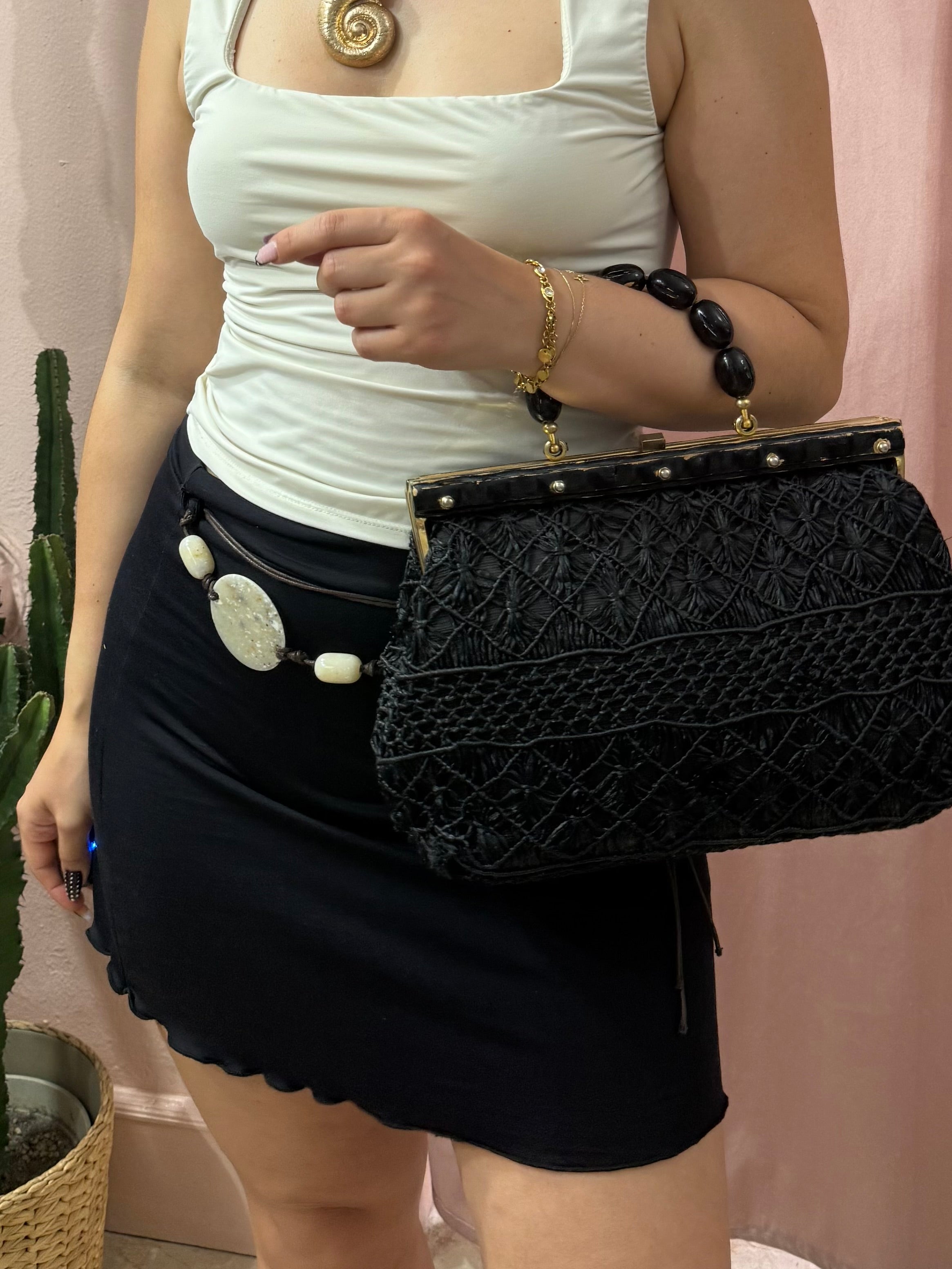 Borsa vintage in paglia con manico in legno
